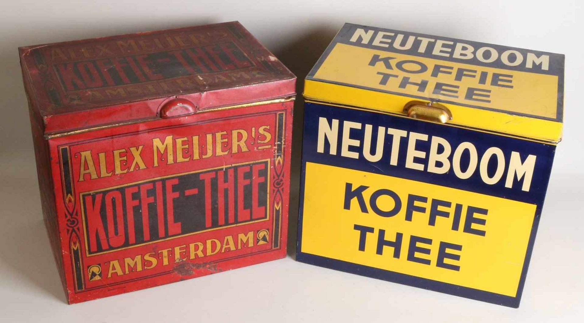 Two large antique grocery stock cans. Consisting of: Neuteboom Coffee-Tea, 1930. Alex Meijer's