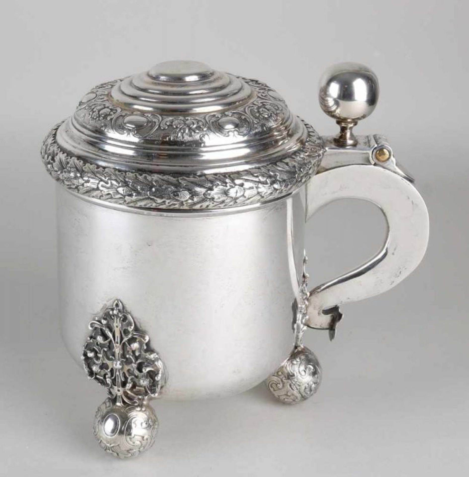 Silver beer mug, Humpen, Renaissance-style historicism, 19 th century, Hanau, with a hinged lid - Bild 2 aus 2