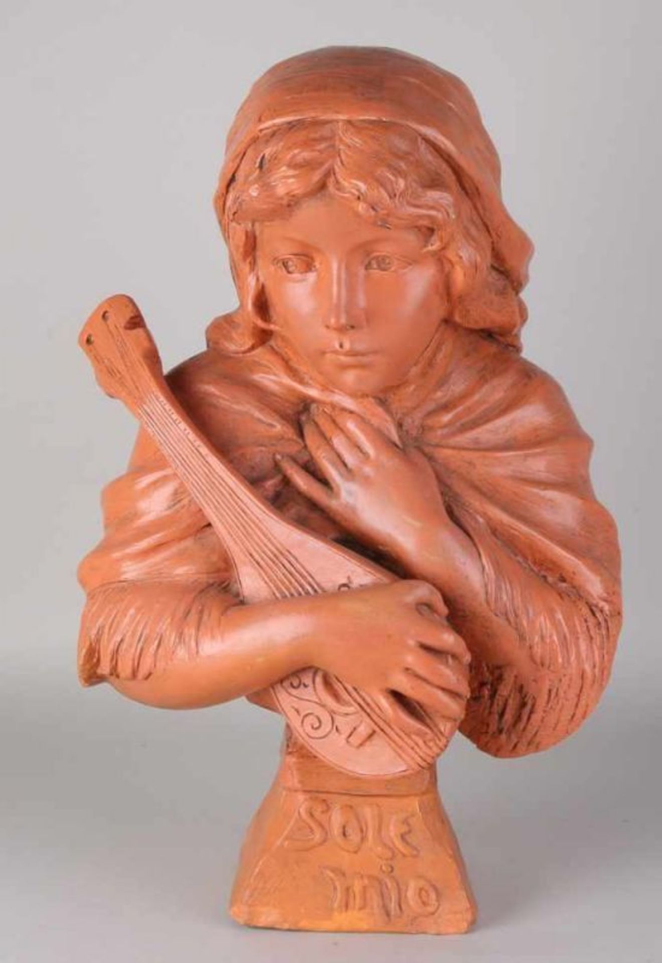 Antique terracotta bust. Sole Mio. Girl with mandolin. J. van Vaerenbergh signed. Circa 1900. Potato