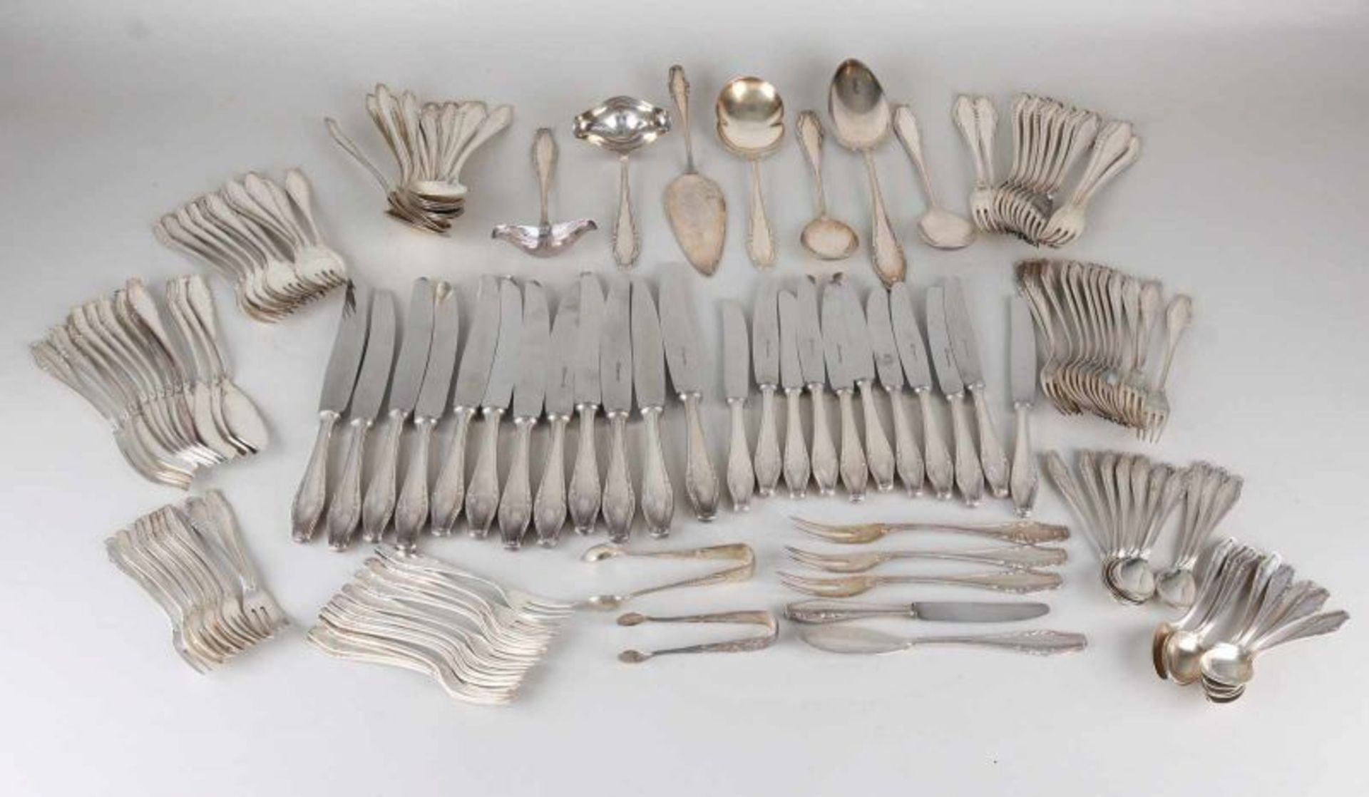 Complete silver cutlery, German 800/000, with 12 table knives, spoons and 13 table forks, 11 dessert