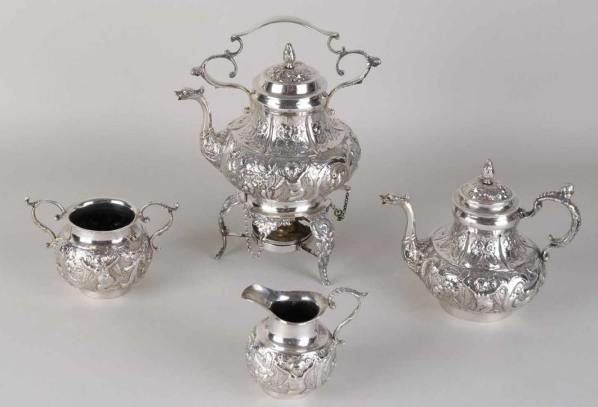 Antique silver service, 800/000, 5 parts, with coffee, tea and milk jug and a sugar bowl. The coffee