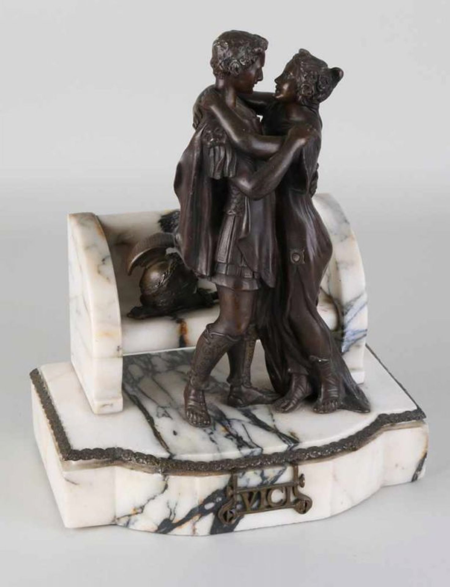 Antique marble with bronze figure by T. Curts Fecit. Roman couple at sofa. Single chip.