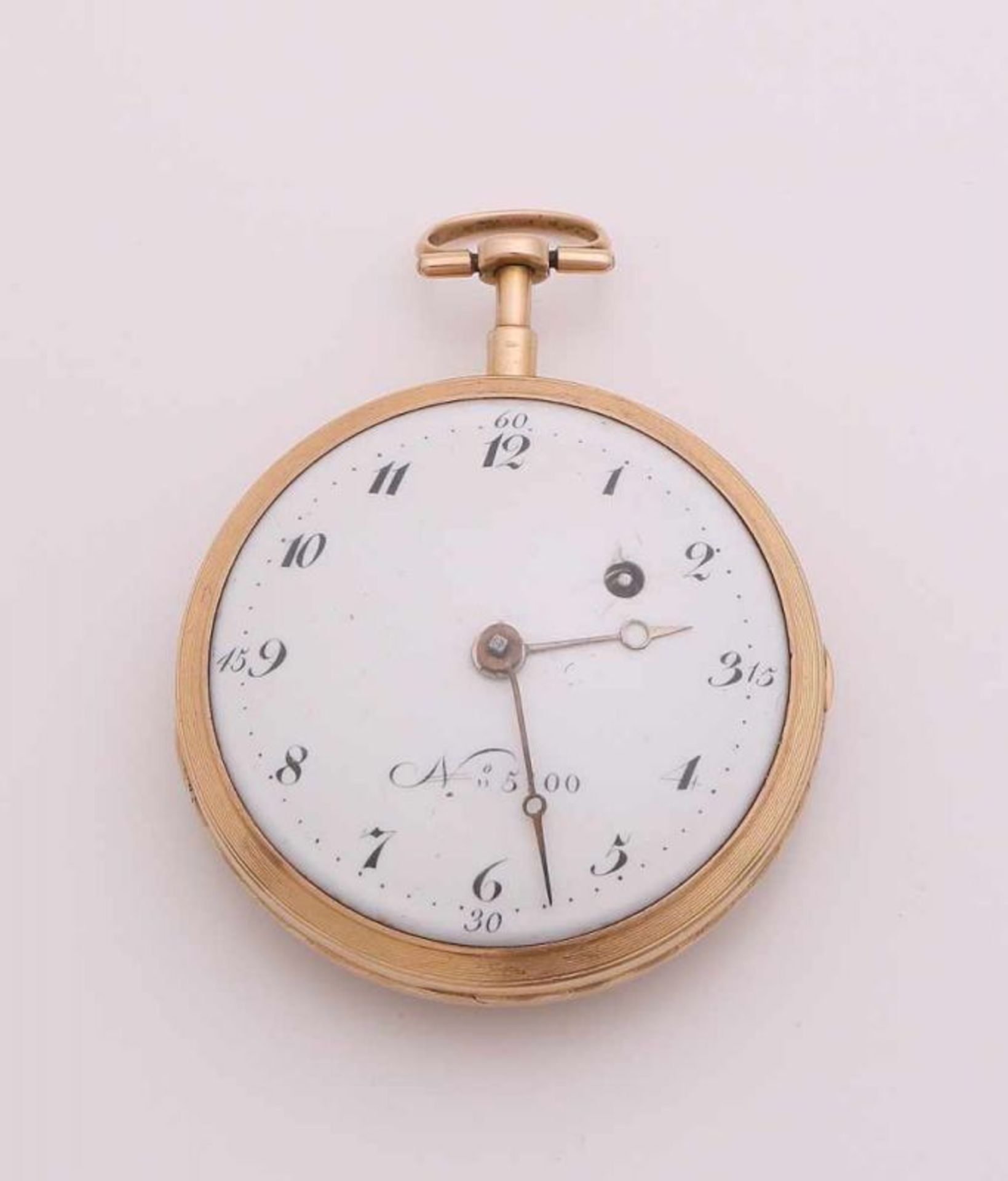 Antique spindle corridor watch, c. 1825, in a yellow gold case with an enamel painting of a unique