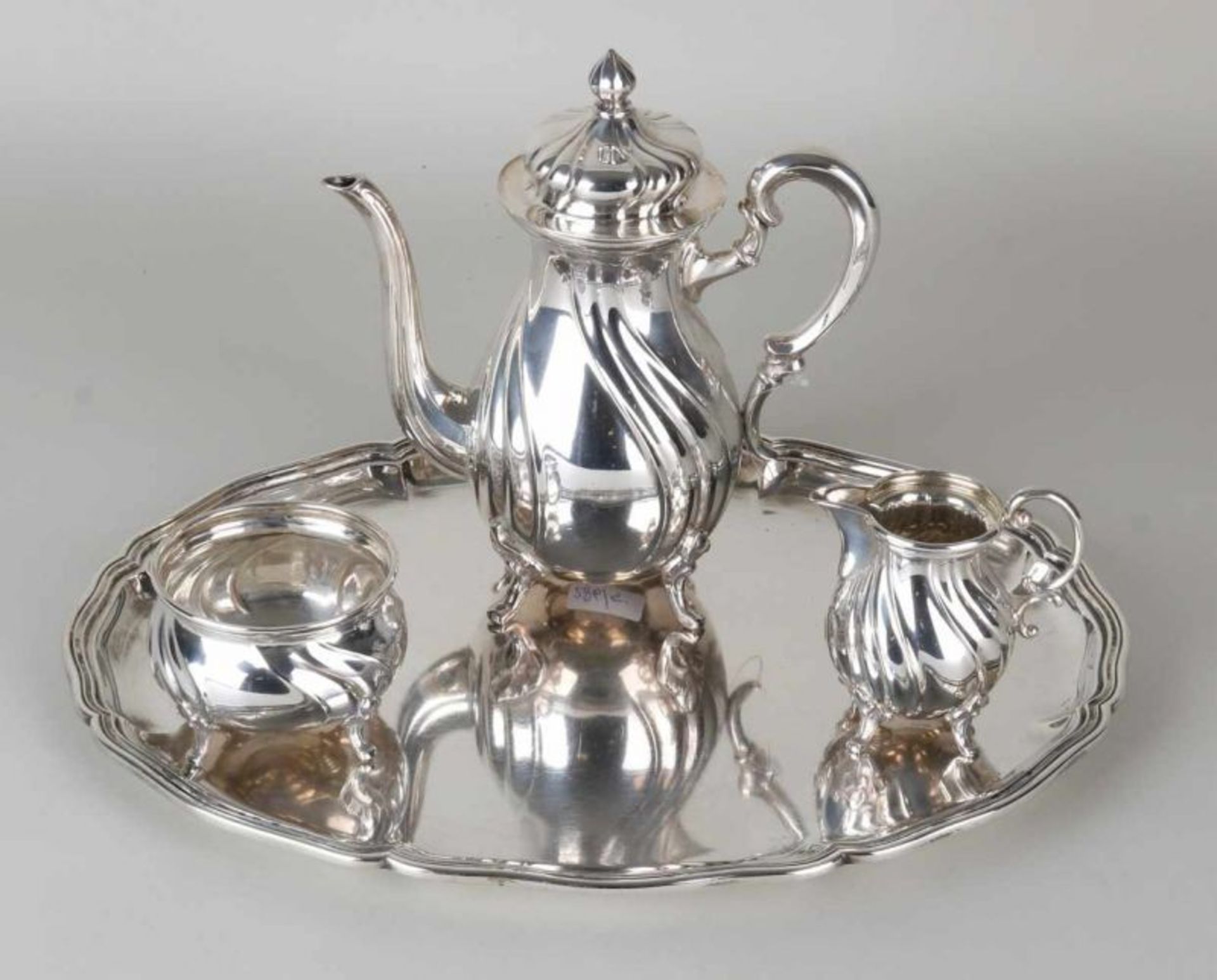 Silver service, 925/000, on tray, 800/000. Oval contoured tray with fillet edge with a coffee jug,