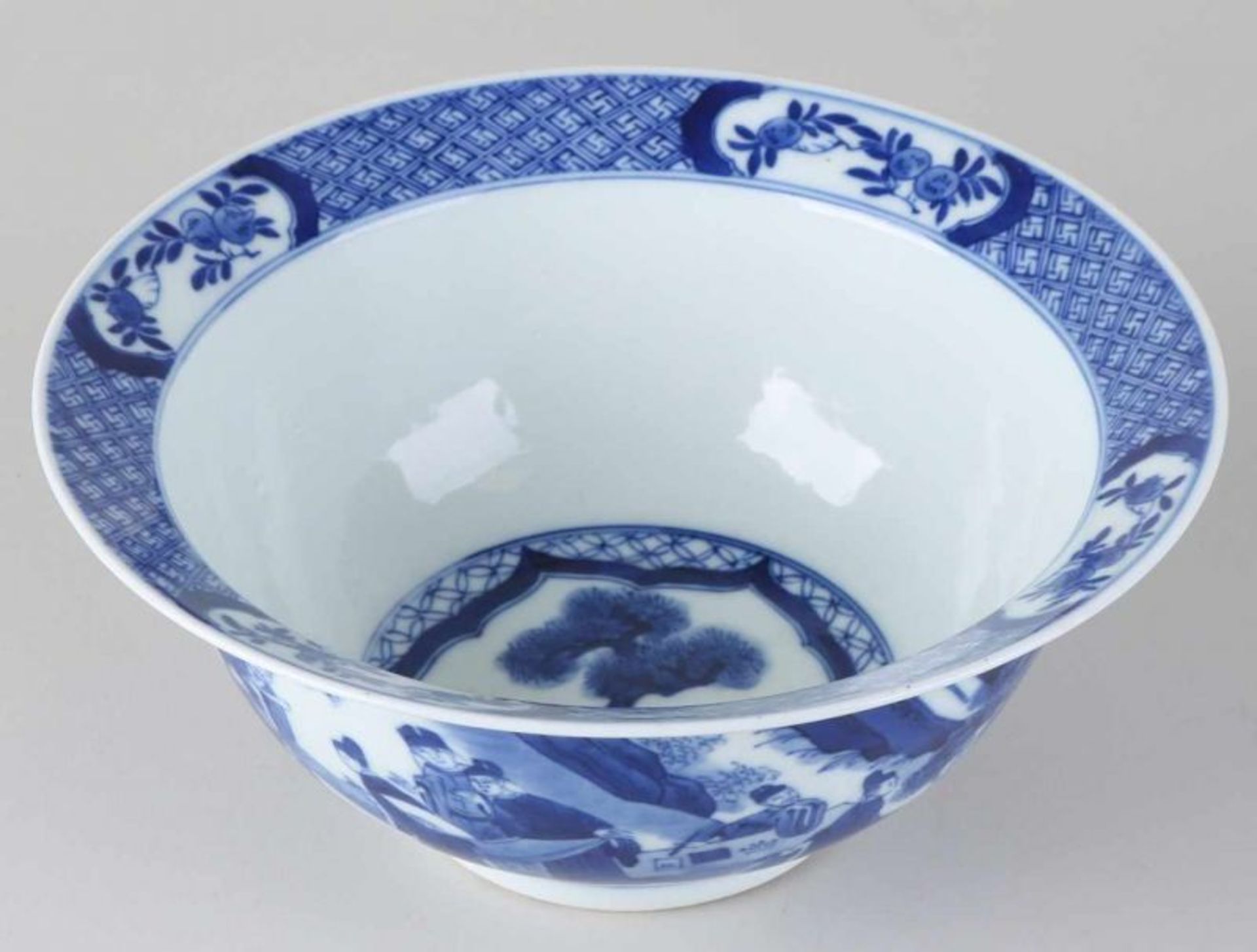 Large old Chinese porcelain Kang Xi branded flip-flop bowl, with figures in landscape decor all