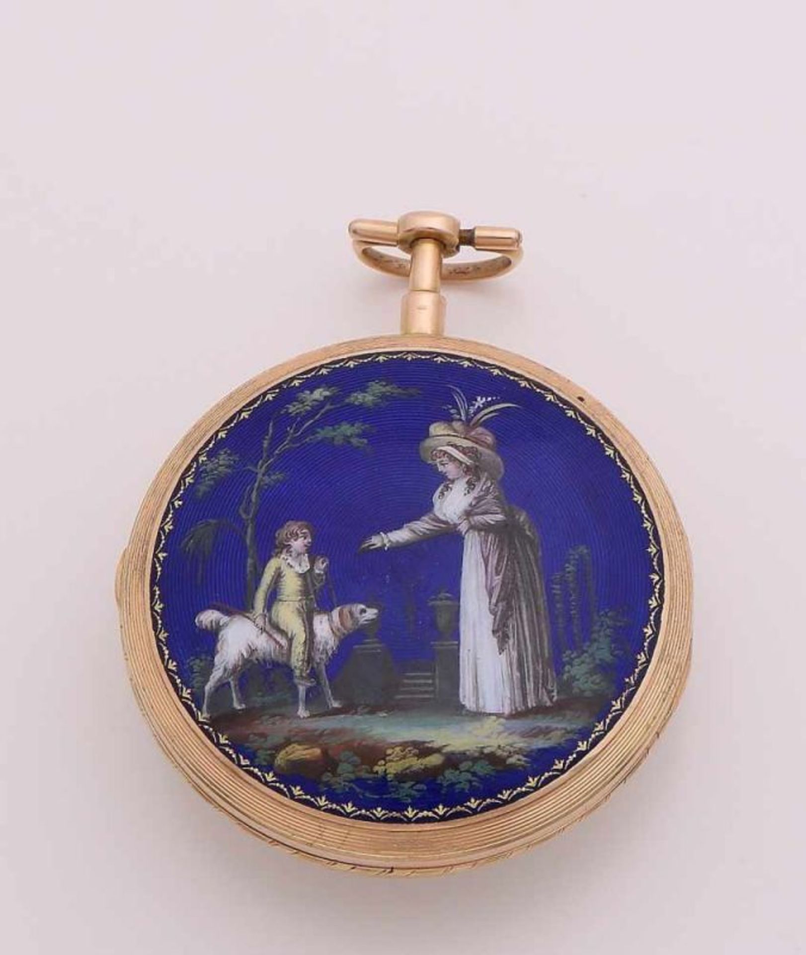 Antique spindle corridor watch, c. 1825, in a yellow gold case with an enamel painting of a unique - Bild 2 aus 2