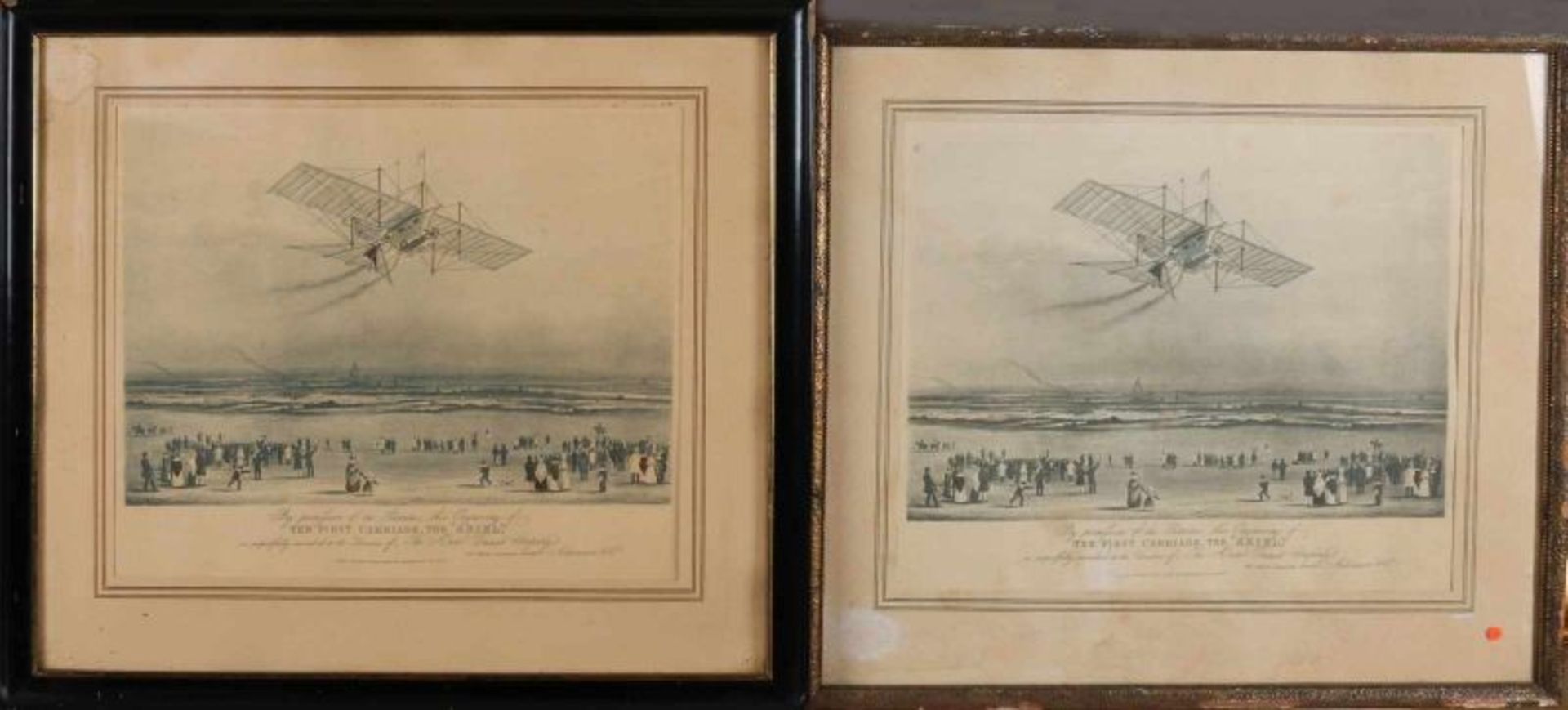 Twice 19th century prints. Aviation. The first carriage, The Ariel. Stone print on paper.