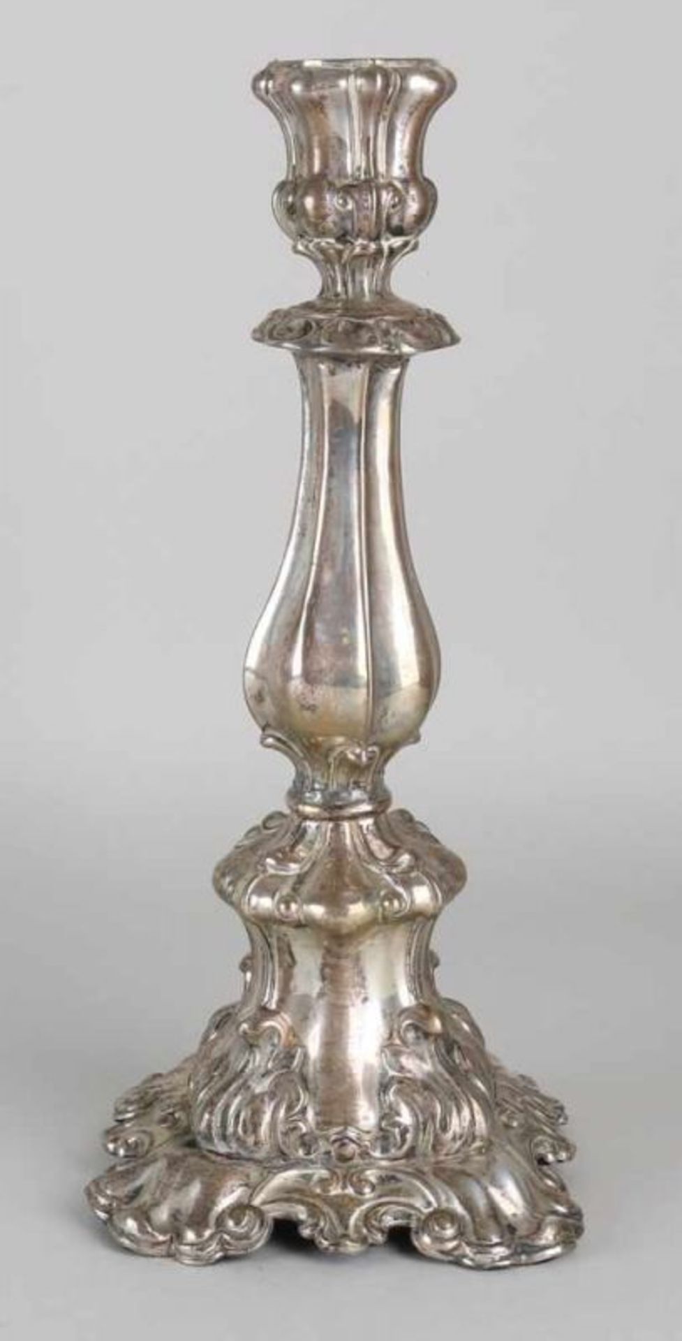 Large table candlestick, 13 lothige, 812.5 / 000, in baroque style on a square contoured base.