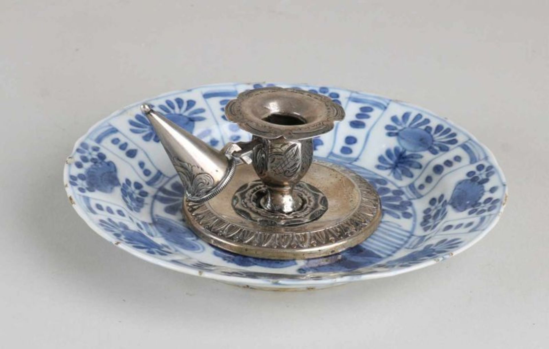 18th century Chinese porcelain dish with 19th century mounted silver candle holder + dover.