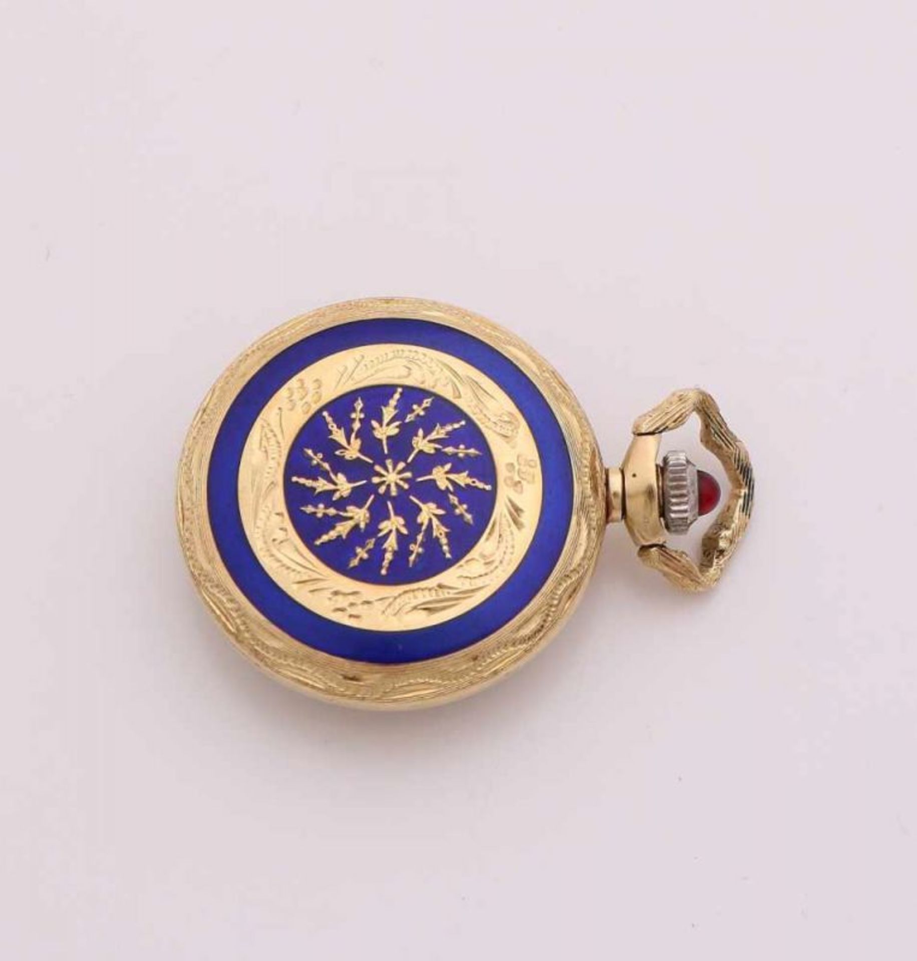 Ornate yellow gold hanging watch, 750/000, with a trimming arrangement and decorated with blue - Bild 2 aus 2