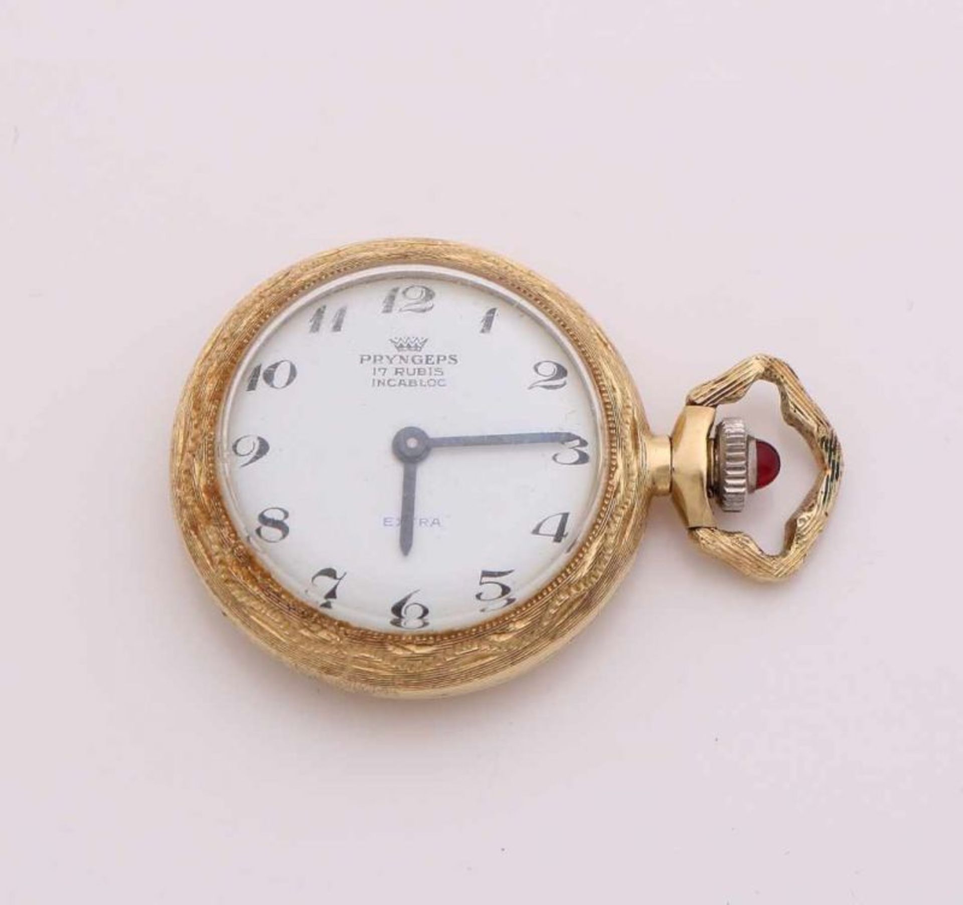 Ornate yellow gold hanging watch, 750/000, with a trimming arrangement and decorated with blue