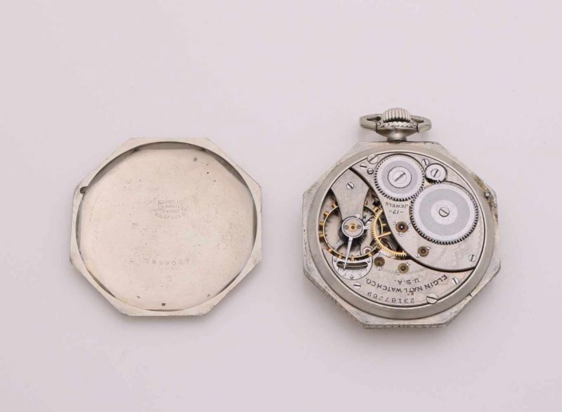 Elgin goldfilled pocket watch, octagonal with a flower-worked border. The dial is decorated with - Bild 2 aus 2