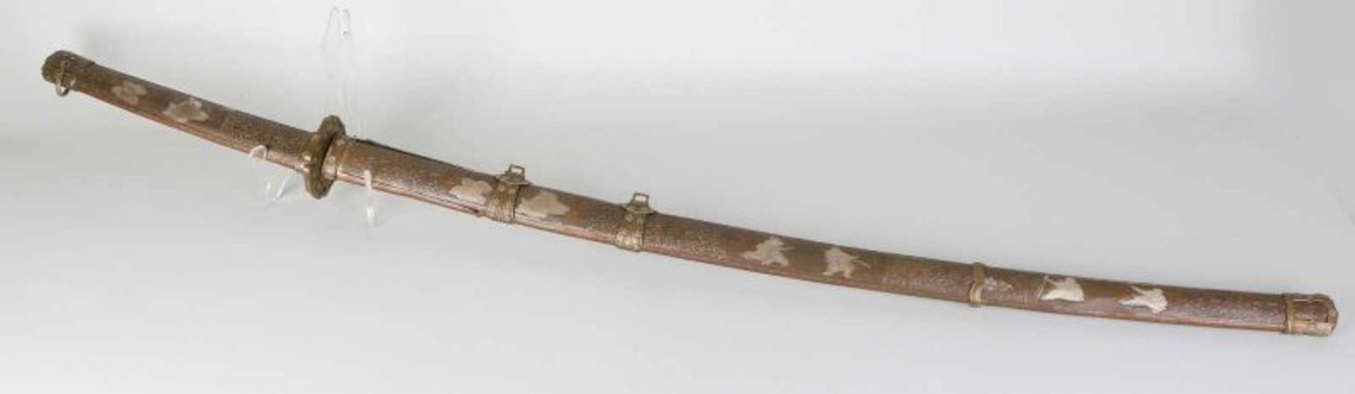 Antique Japanese Katana saber with copper sheath and handle. Worked and inlaid with white metal