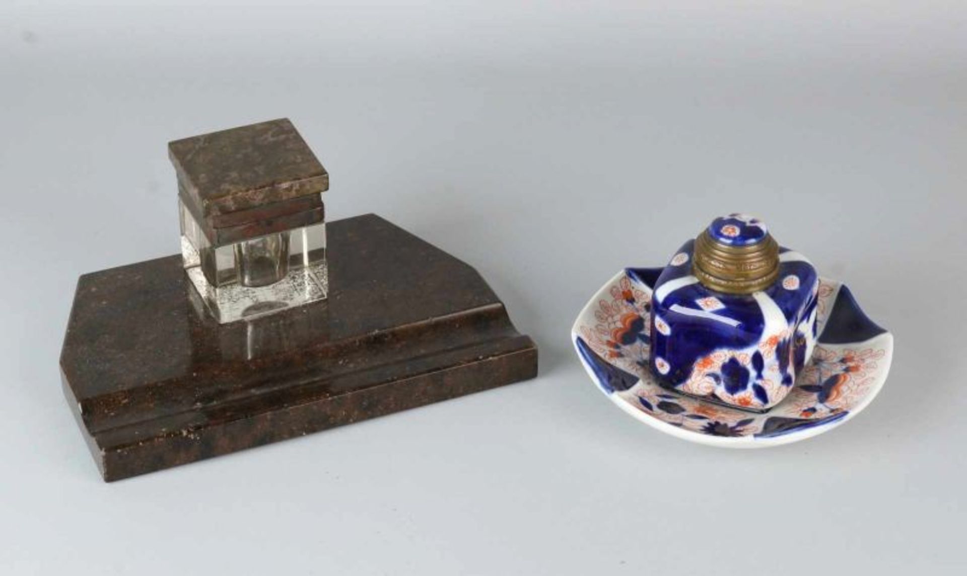 Two antique inkwells. Once Imari, around 1900. Once Art Deco, marble / glass, circa 1930.
