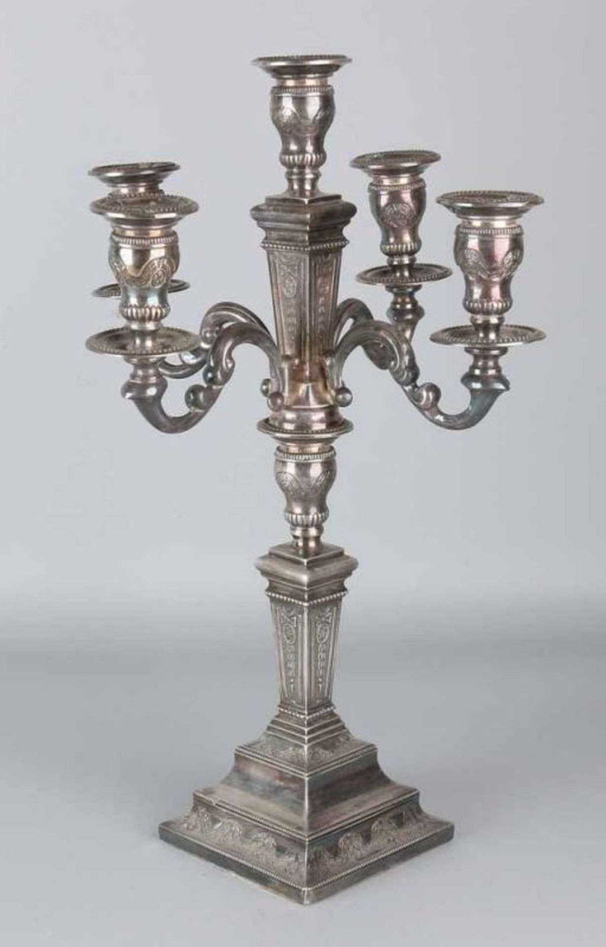 Beautiful silver table candlestick, 925/000, 4 arms, placed on a square base decorated with engraved - Bild 2 aus 2