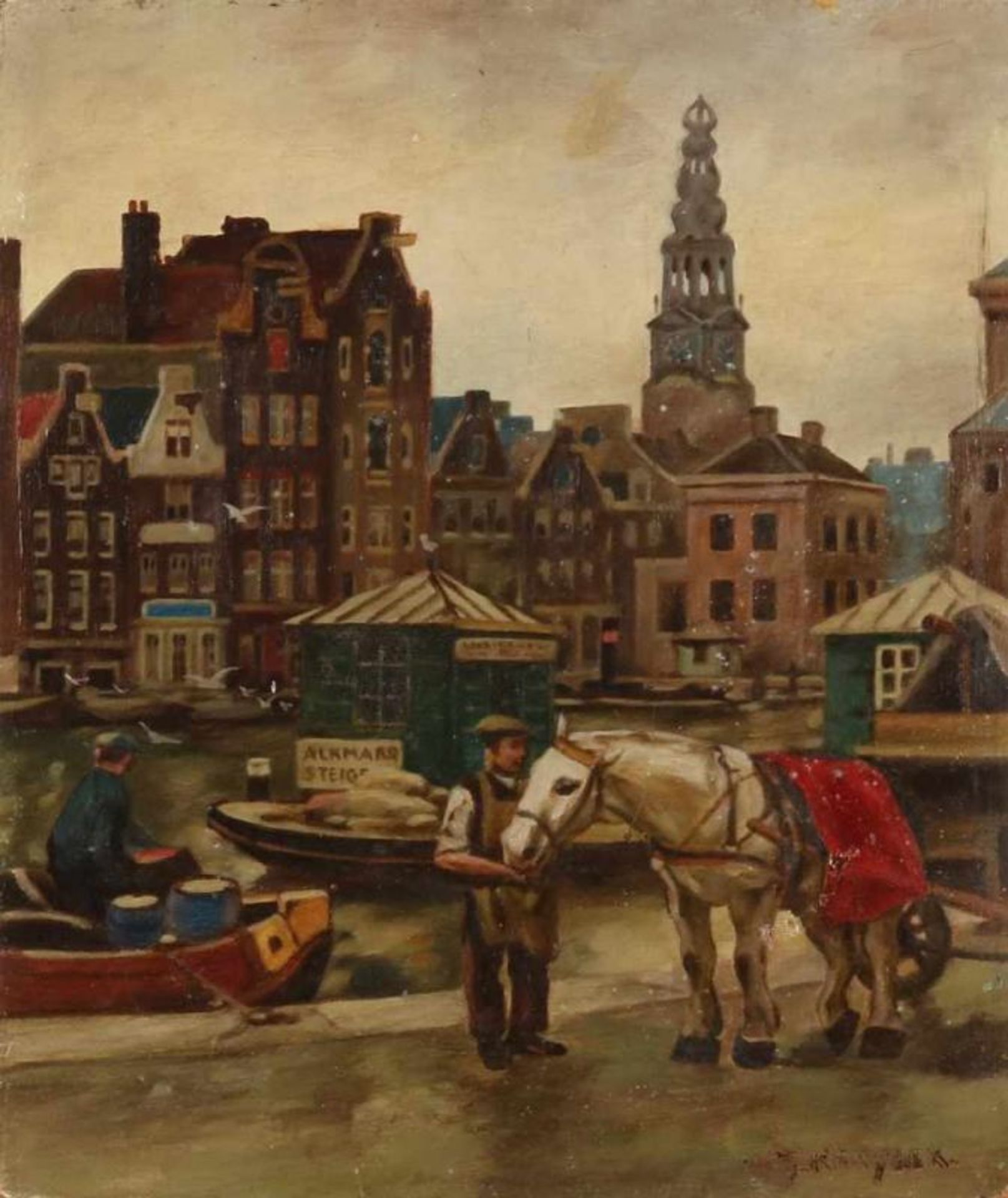 Unclear signed. Around 1920. Amsterdam quay at Alkmaar jetty. Oil paint on panel. Dimensions: H 34 x