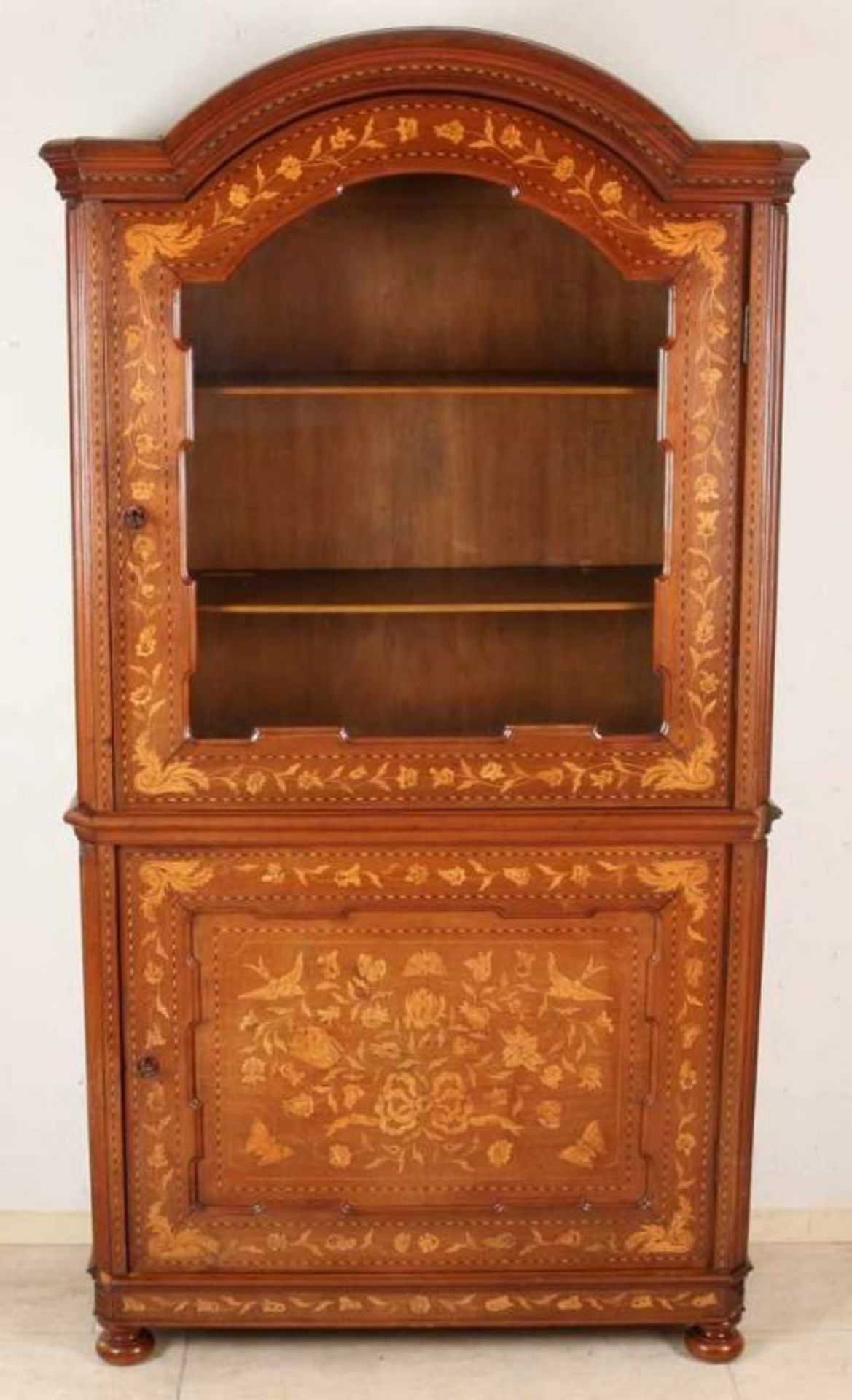 19th century Dutch double door walnut display cabinet with floral intarsia and birds. Also on sides.