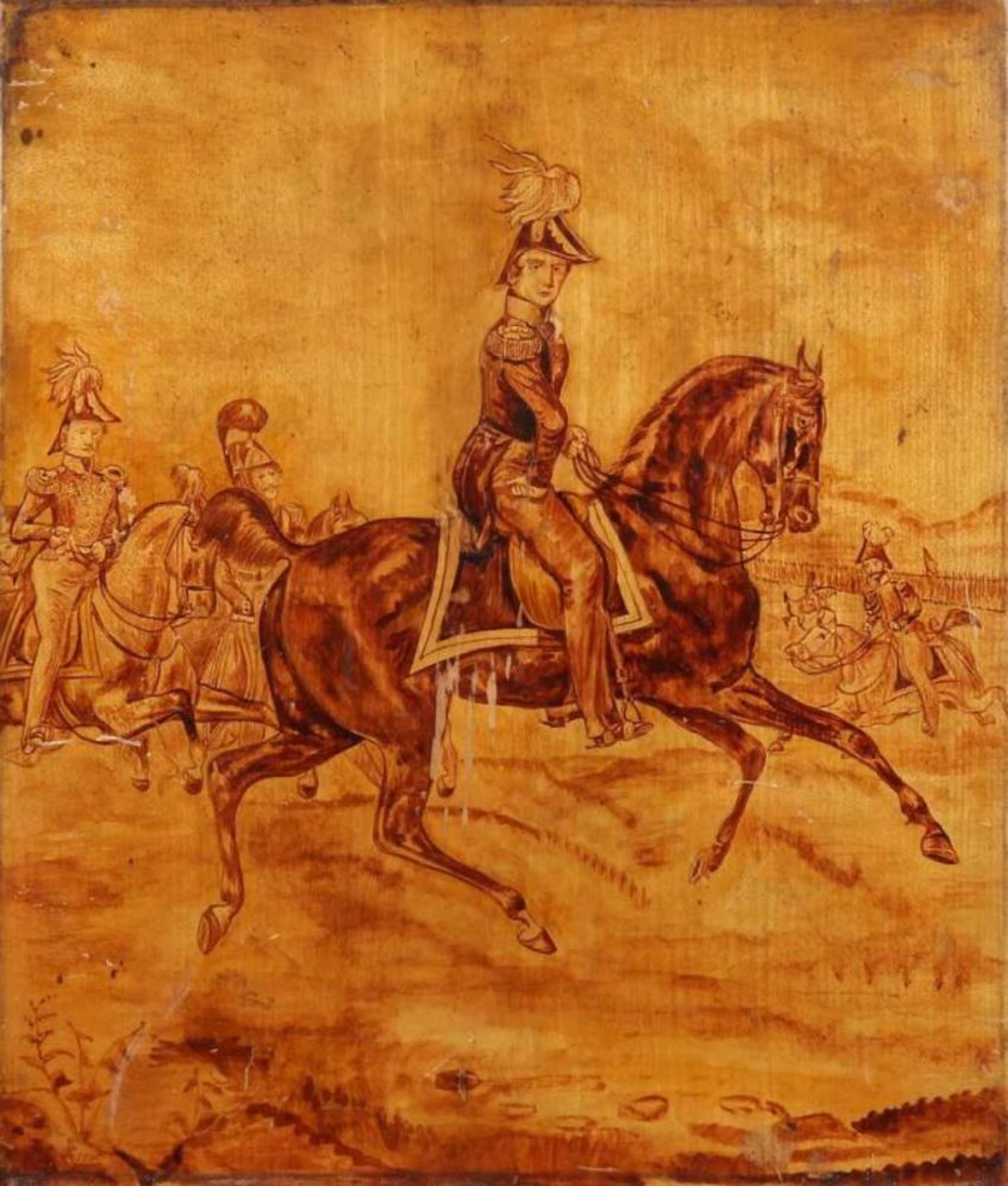 Unsigned. 19th century. German School. Verso. Cavalrymen. Sepia on panel. Dimensions: H 46 x W 37