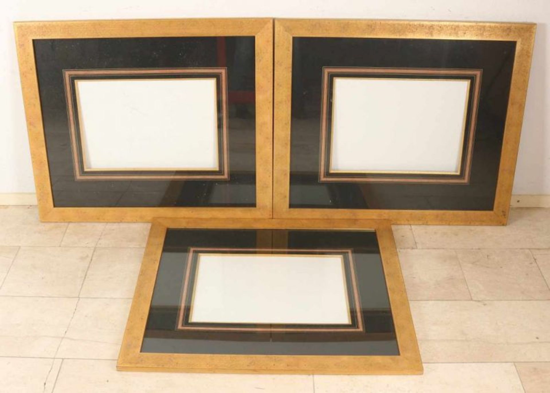 Three old gold-colored frames with passe partout + glass. Dimensions: H 83 x 96 cm. In good