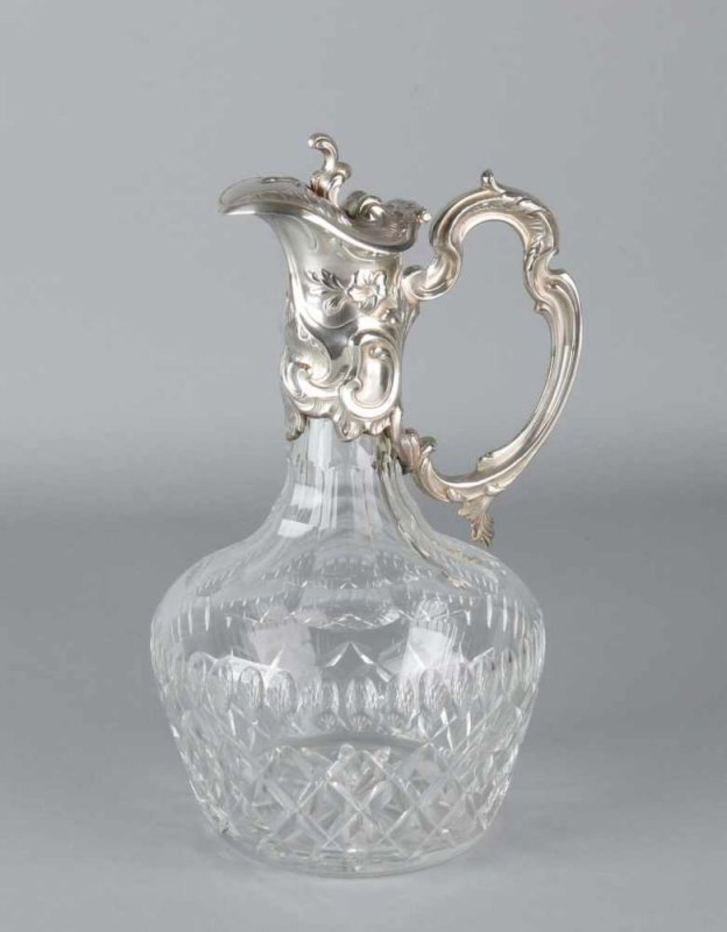 Crystal valve jug with silver, 925/000, Can with grinding work with silver handle and valve lid,