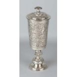 Special silver goblet with lid, 800/000, round model with 3 driven warriors and with volutes and