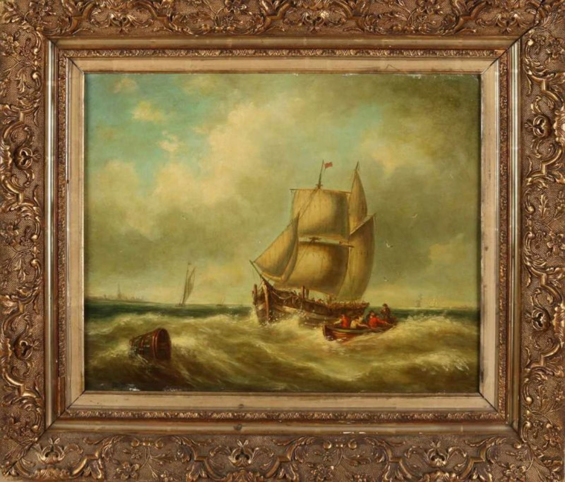 Unclear signed. 19th century. Dutch seascape with boats and figures. Oil paint on panel. Dimensions: