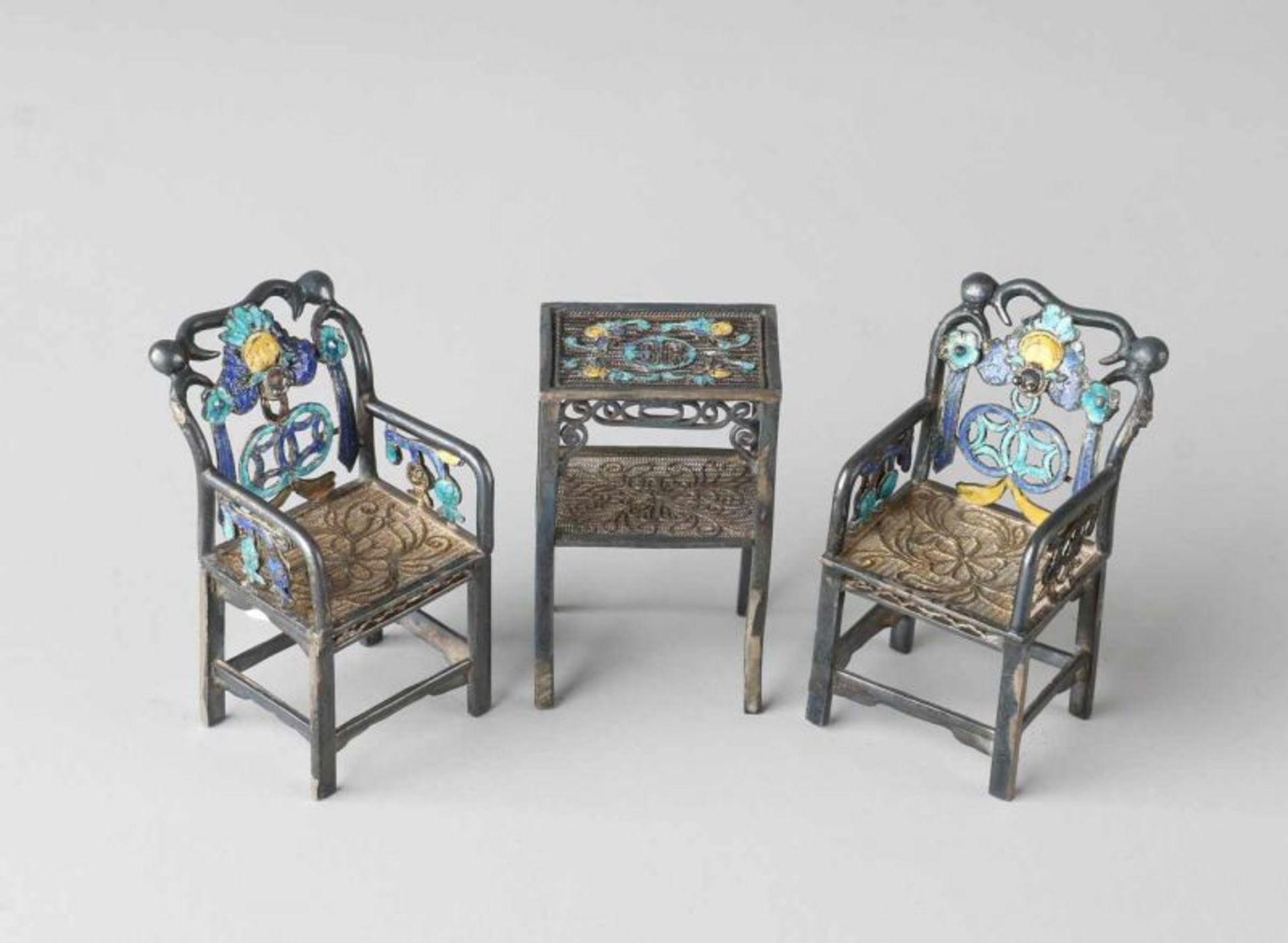 Three rare antique silver Chinese miniature furniture with cloisonne and partly gilt. Consisting of: