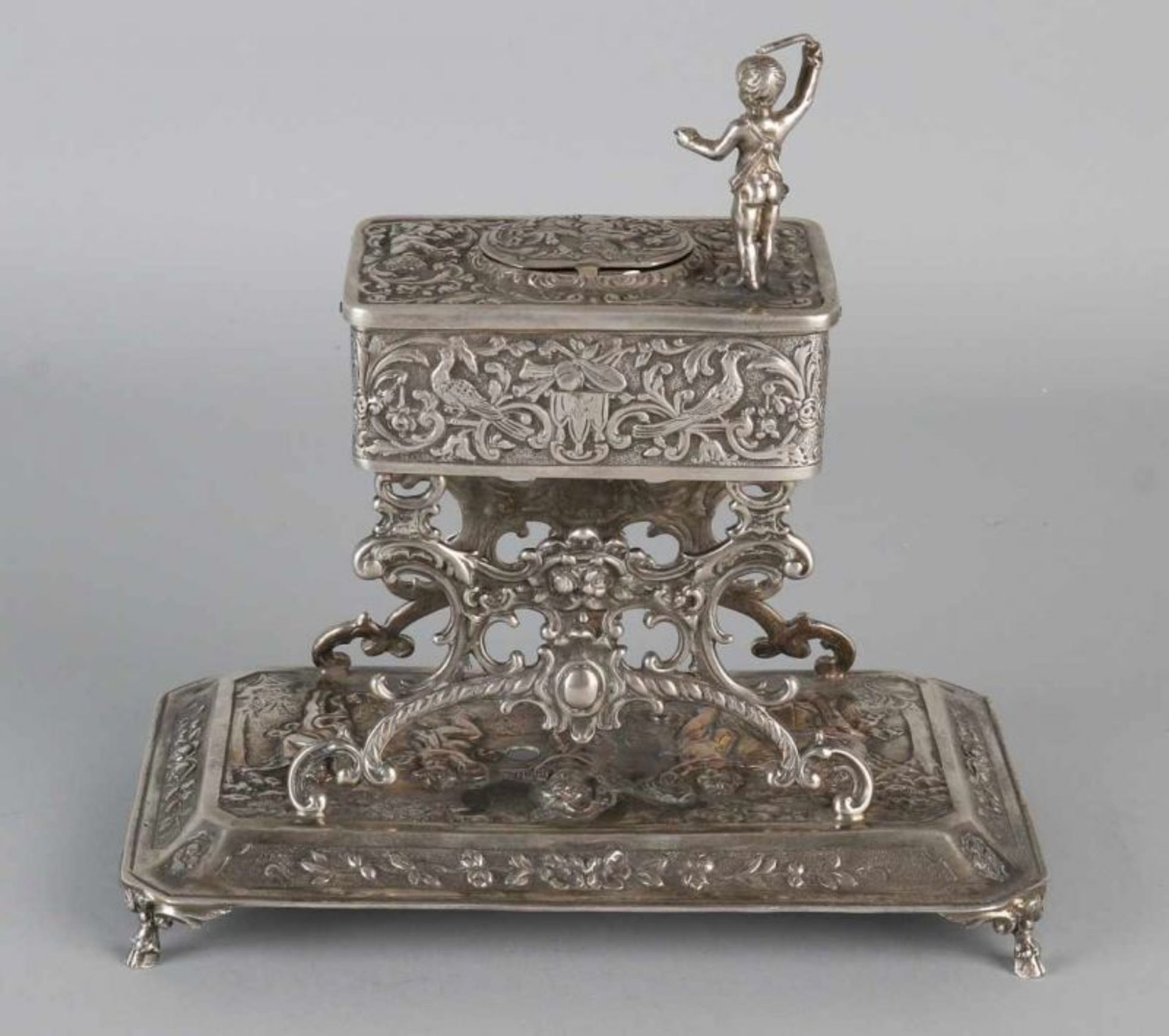 Special silver music box, 925/000, rectangular music box, with bird, decorated with putti and floral - Bild 2 aus 5