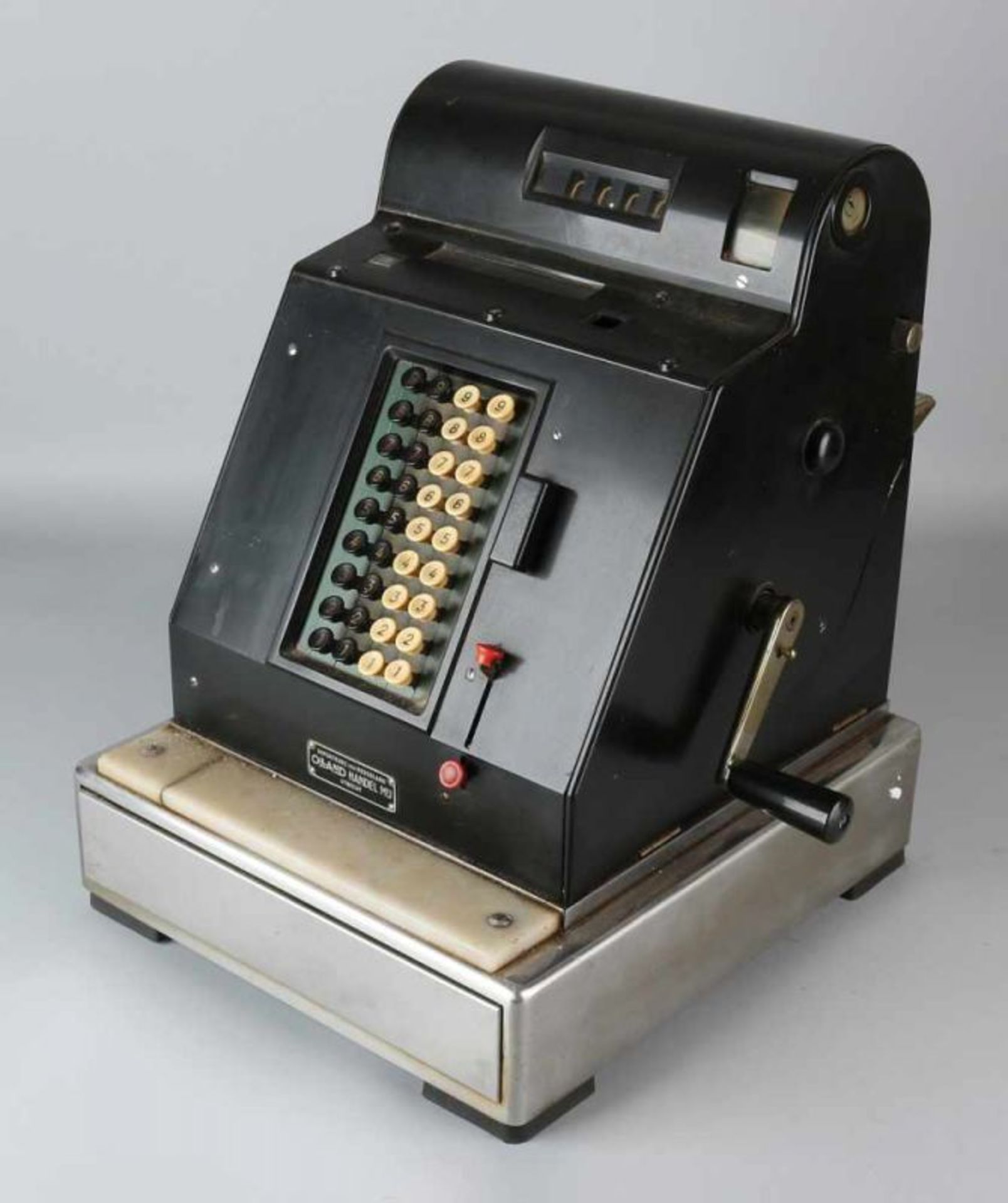 50s Cash register of bakelite, marble and chrome metal. Marked Olland Utrecht. Dimensions: 43 x 30 x