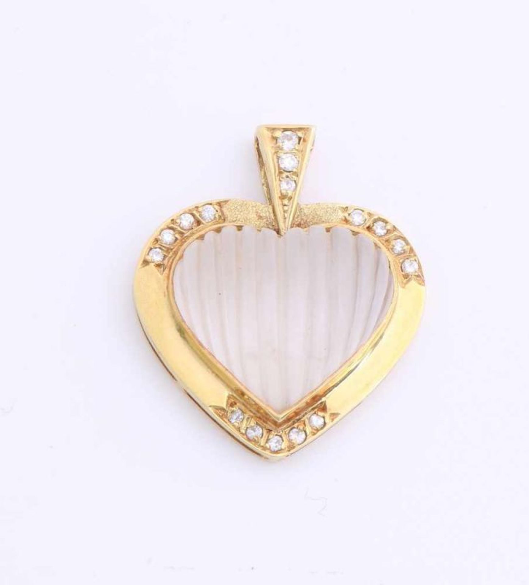 Gold pendant, 585/000, in the shape of a heart, set with moonstone and diamond. Pendant with