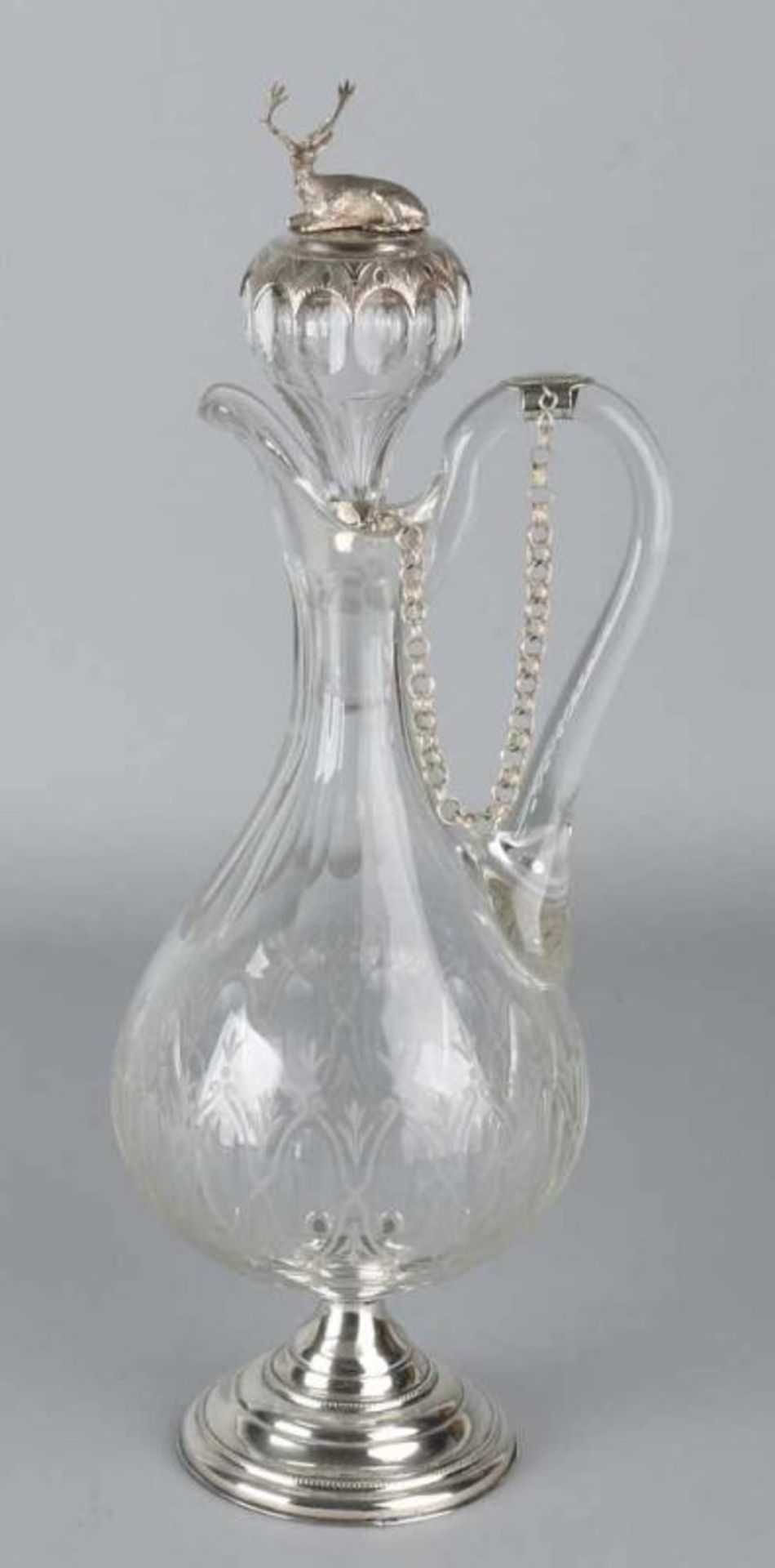 Beautiful crystal carafe with silver, 835/000. Crystal carafe with etching, with spout and handle