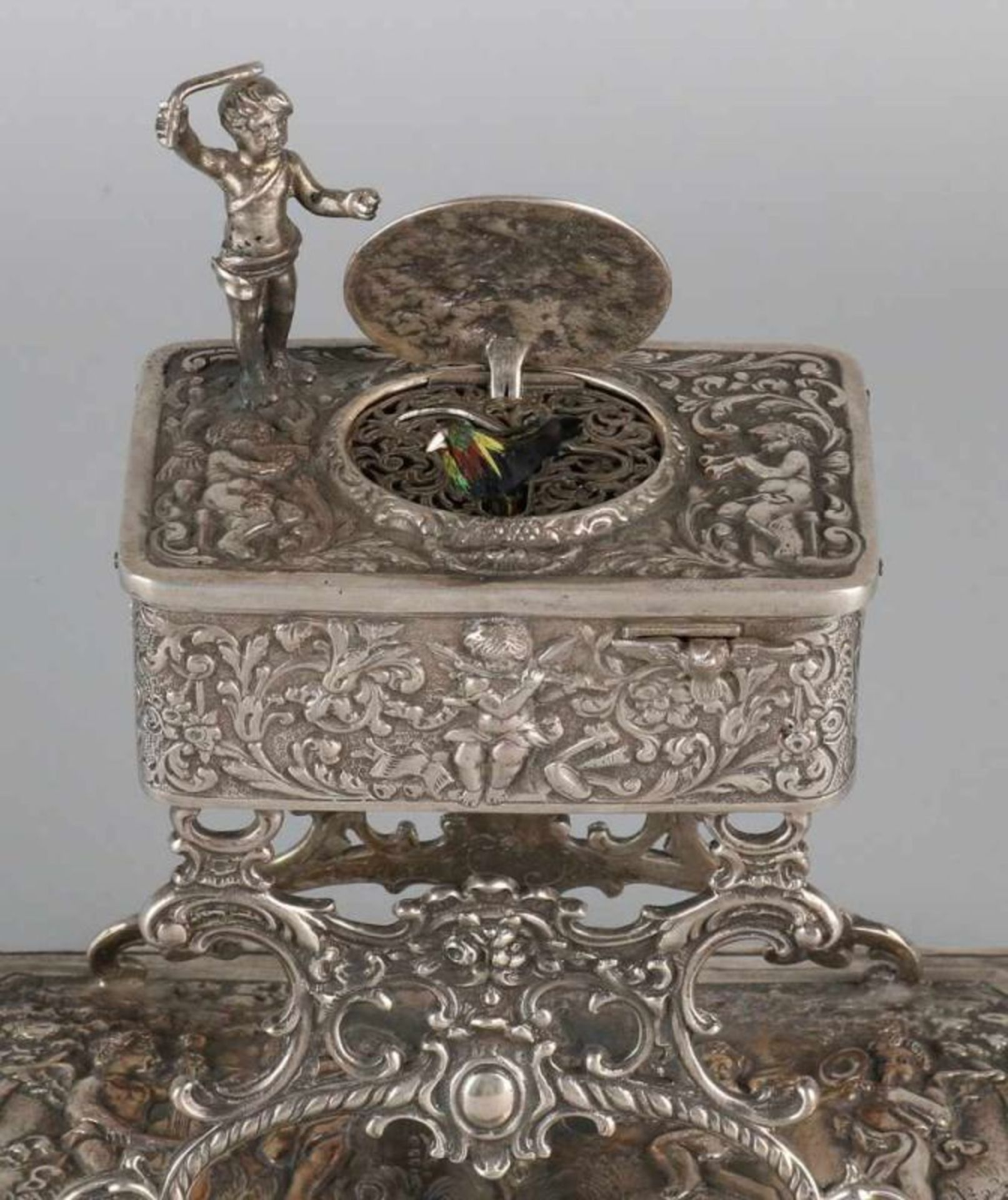 Special silver music box, 925/000, rectangular music box, with bird, decorated with putti and floral - Bild 3 aus 5