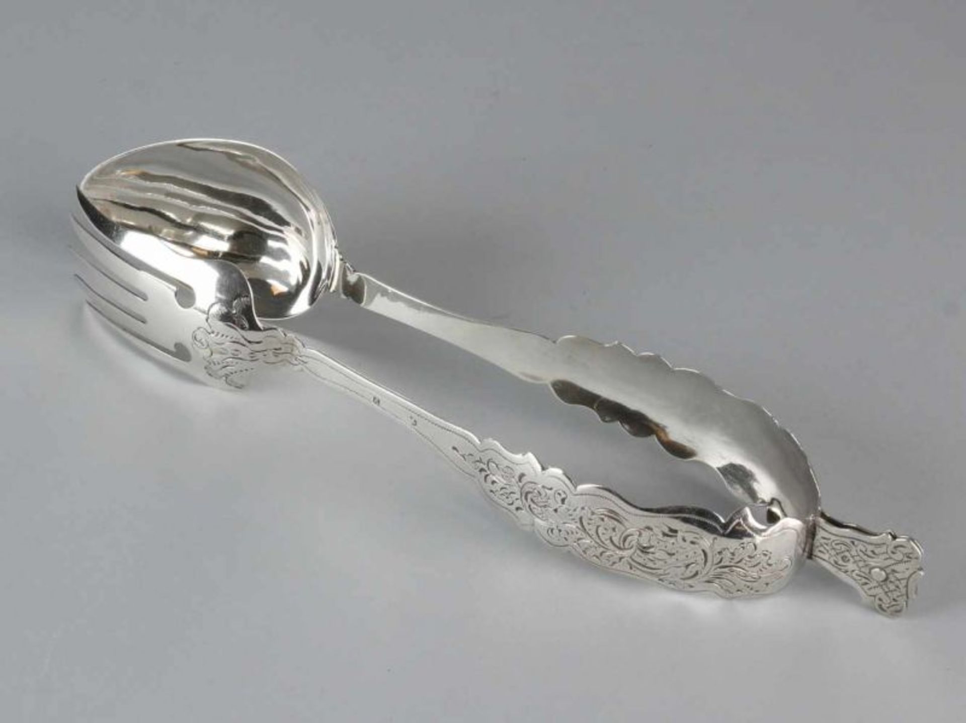 Antique 835/000 silver Biedermeier lettuce tongs with contoured stems. Sharp engravings. Repair. Mr.