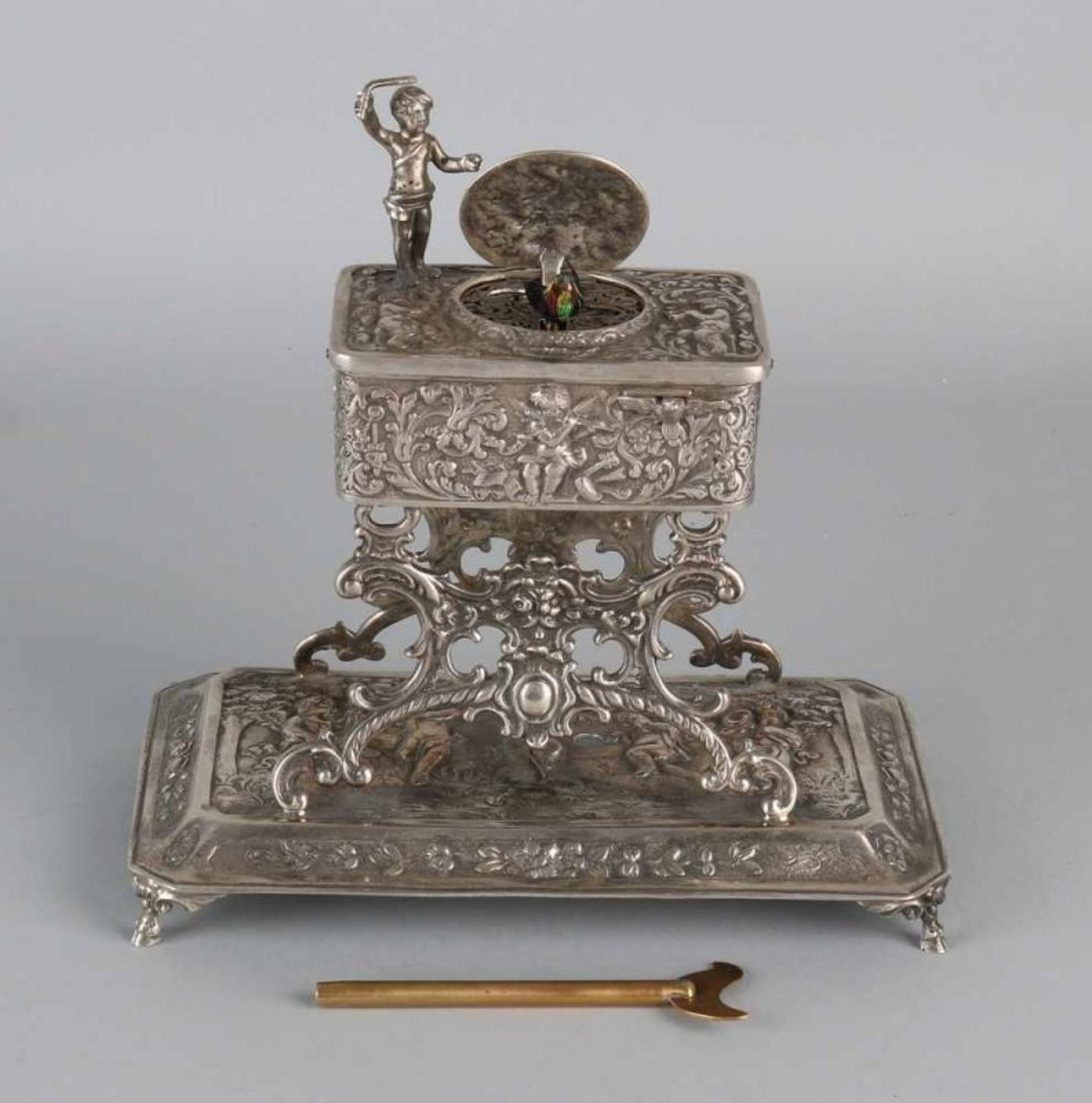 Special silver music box, 925/000, rectangular music box, with bird, decorated with putti and floral
