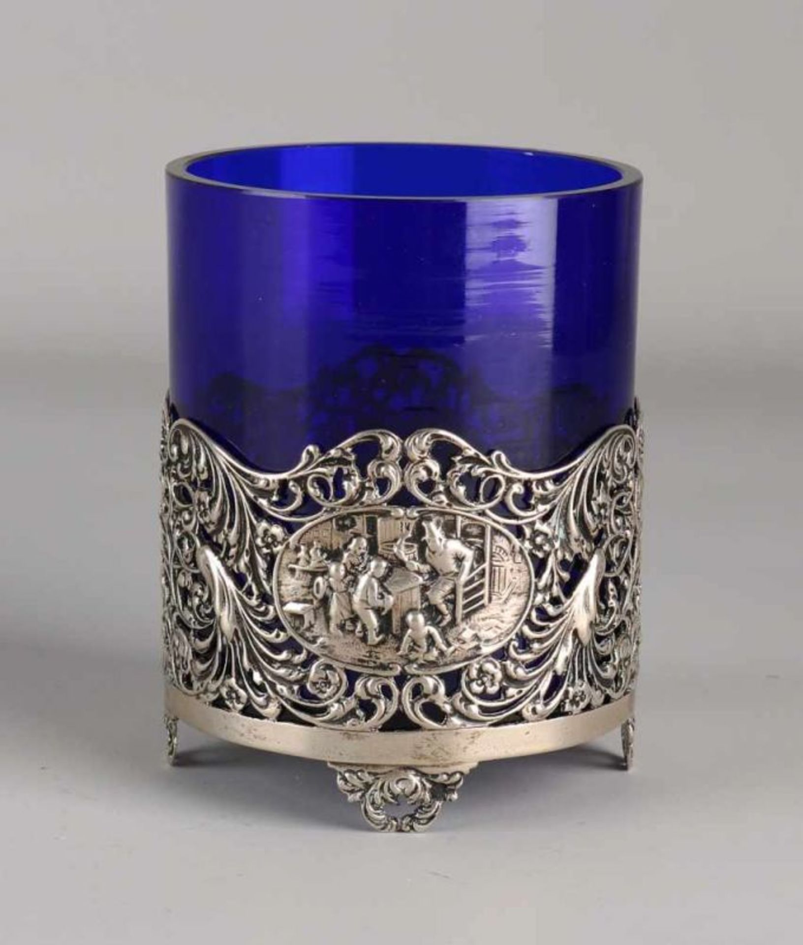 Silver holder, 835/000, with blue glass. Round holder with open-worked Biedermeier motif, flowers,