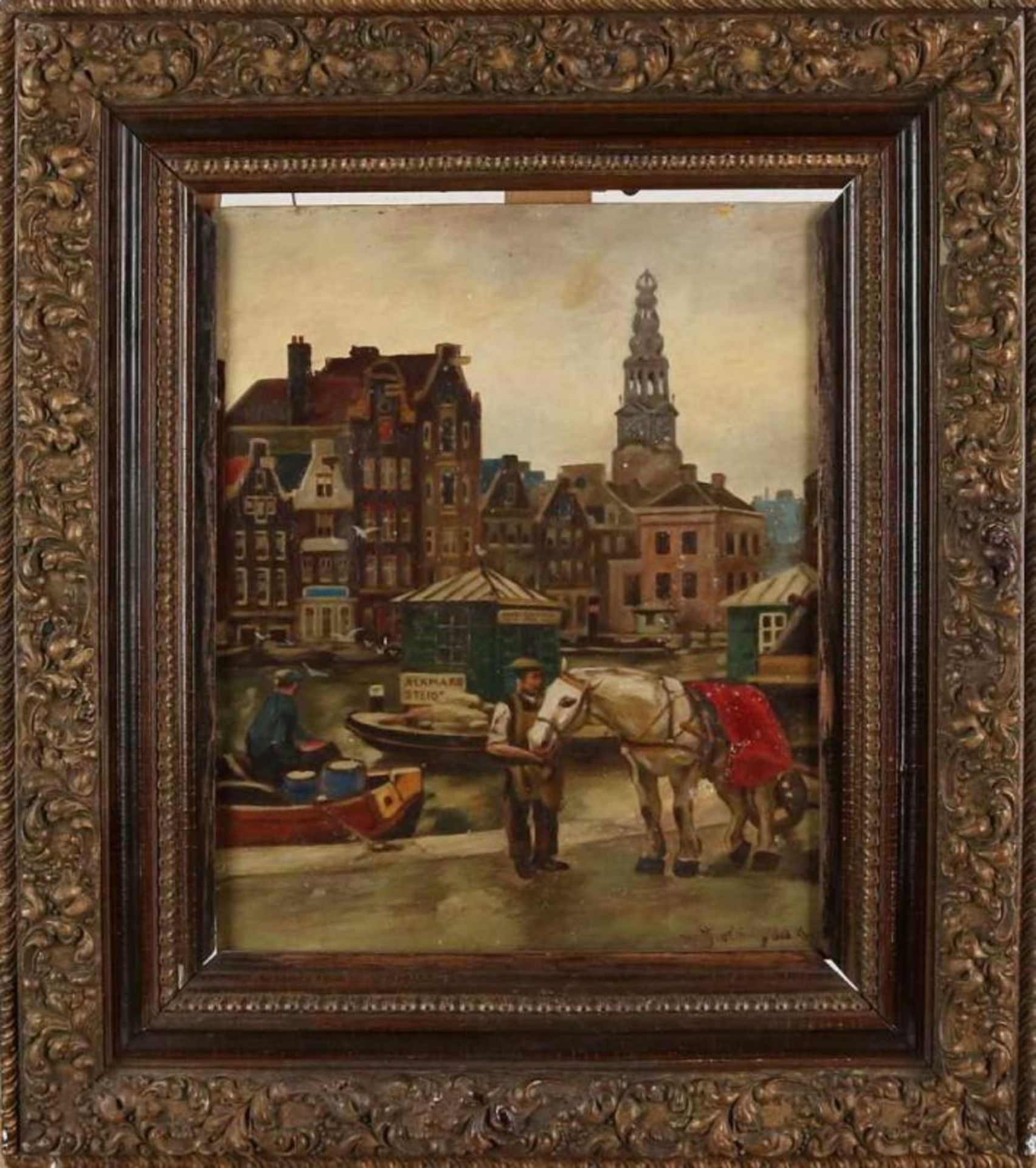 Unclear signed. Around 1920. Amsterdam quay at Alkmaar jetty. Oil paint on panel. Dimensions: H 34 x - Bild 2 aus 2