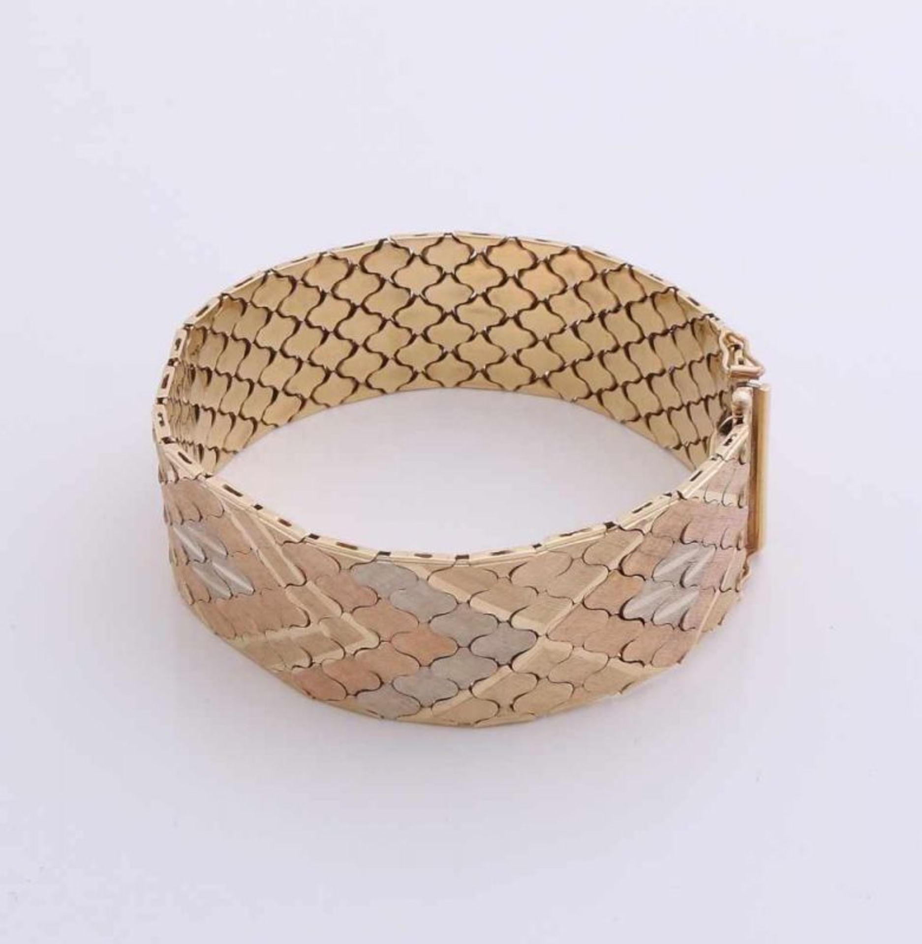 Wide gold bracelet, 585/000, with white gold and red gold finish, in matte and poly. Equipped with