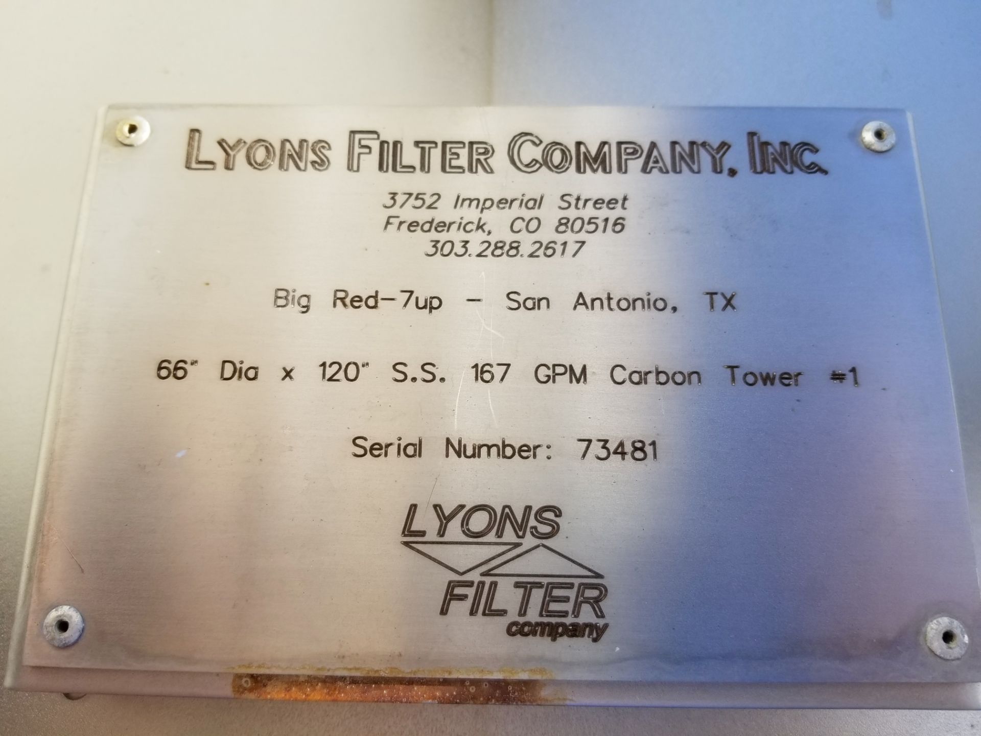 2010 Lyons 170 GPM Stainless Steel Carbon Filter Tank; Serial: 10-420-1, 3500 gallon each - Image 4 of 5