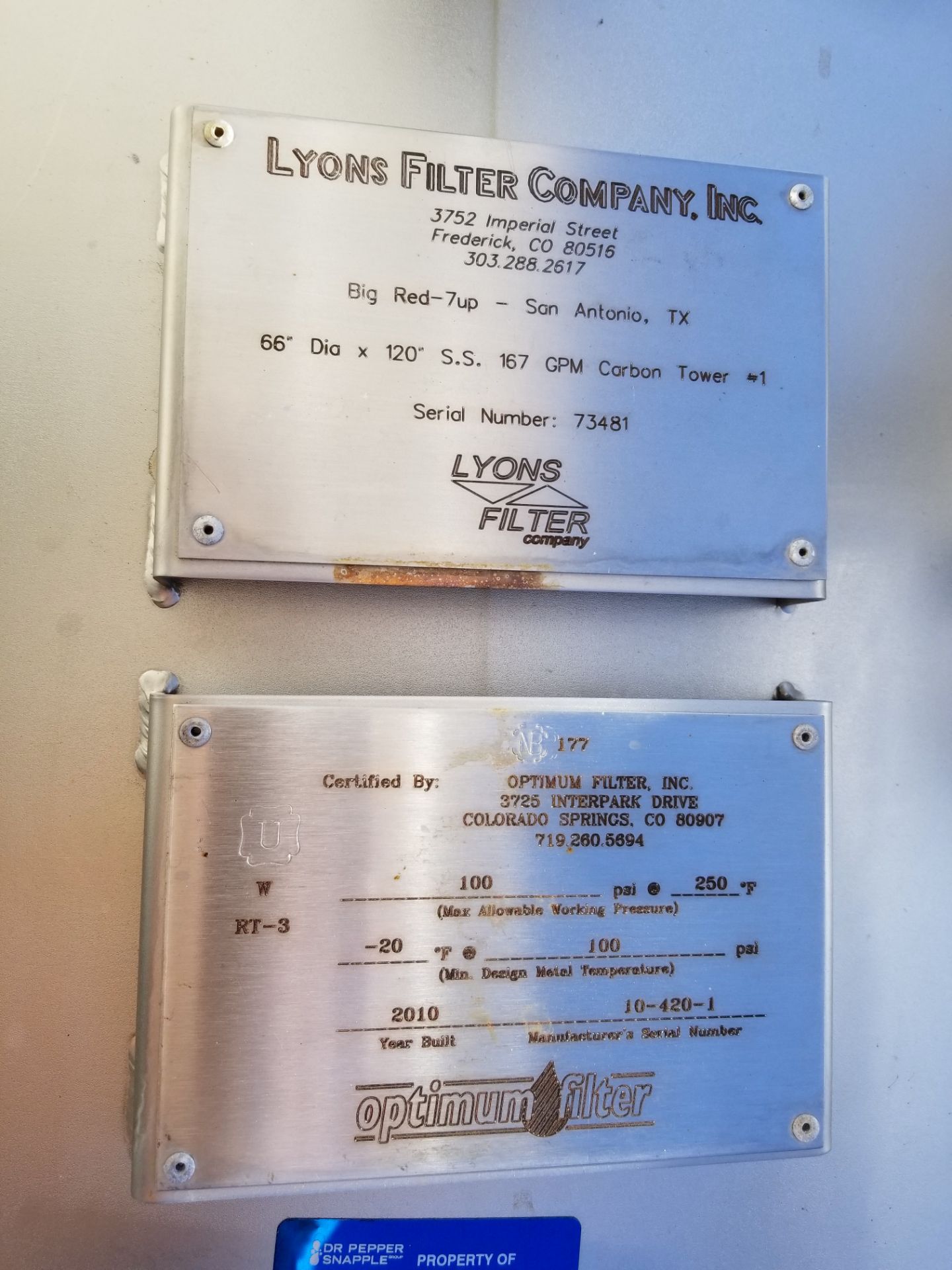 2010 Lyons 170 GPM Stainless Steel Carbon Filter Tank; Serial: 10-420-1, 3500 gallon each - Image 3 of 5