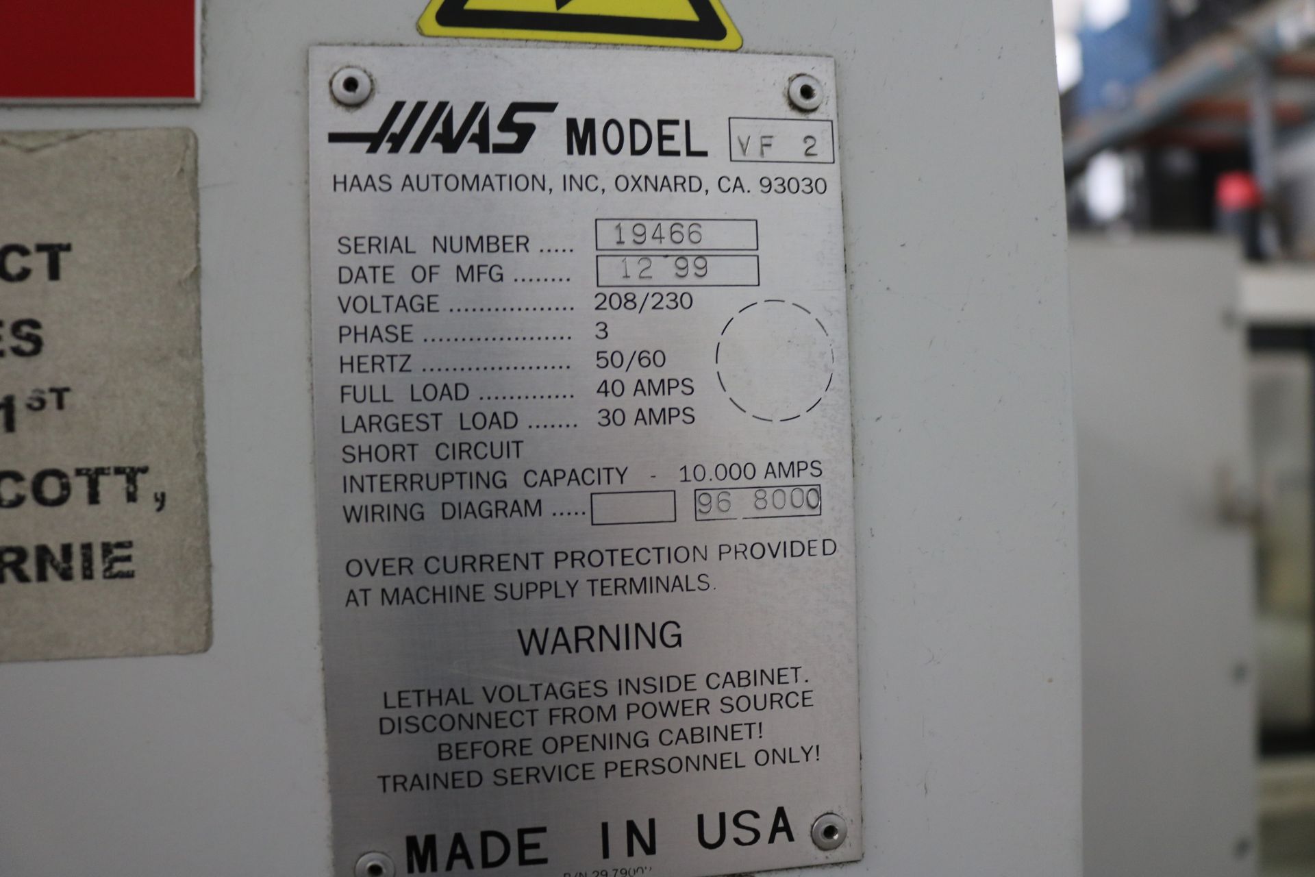 1999 HAAS VERTICAL MILL, MODEL VF-2, TRAVELS: 30" X 16" X 20", 36" X 14" TABLE, 10,000 RPM - Image 20 of 21