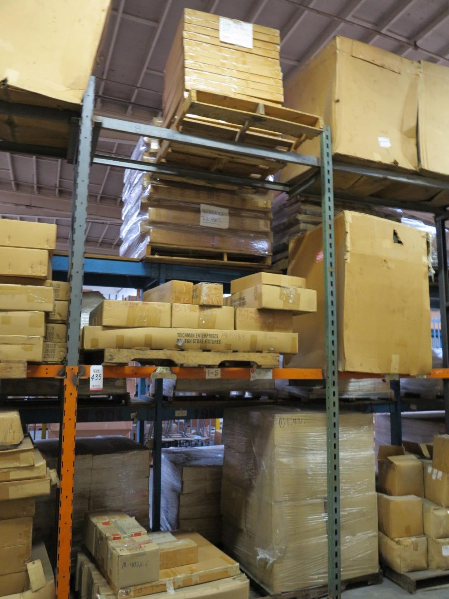 LOT - CONTENTS OF (2) SECTIONS OF PALLET RACK TO INCLUDE: CASTERS; ITEM # B9244, MAPLE TOP 32"