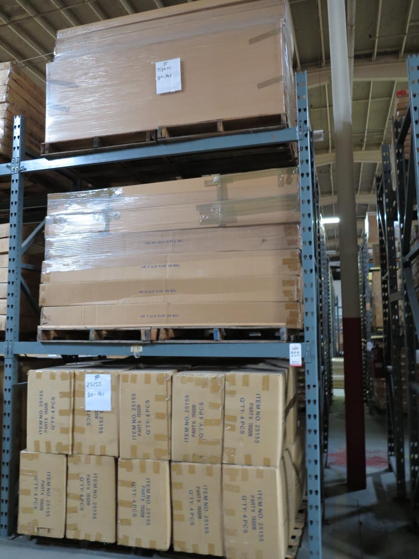 LOT - CONTENTS OF (2) SECTIONS OF PALLET RACK TO INCLUDE: ITEM # T3975, 2 TIER CLAMP ON