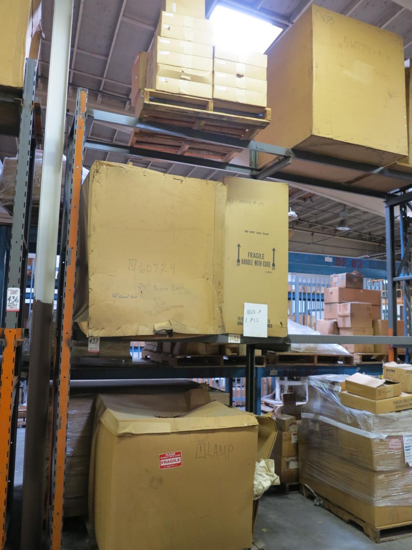 LOT - CONTENTS OF (2) SECTIONS OF PALLET RACK TO INCLUDE: GLASS SHELVES; ITEM # 60724, RACK RND. 42"