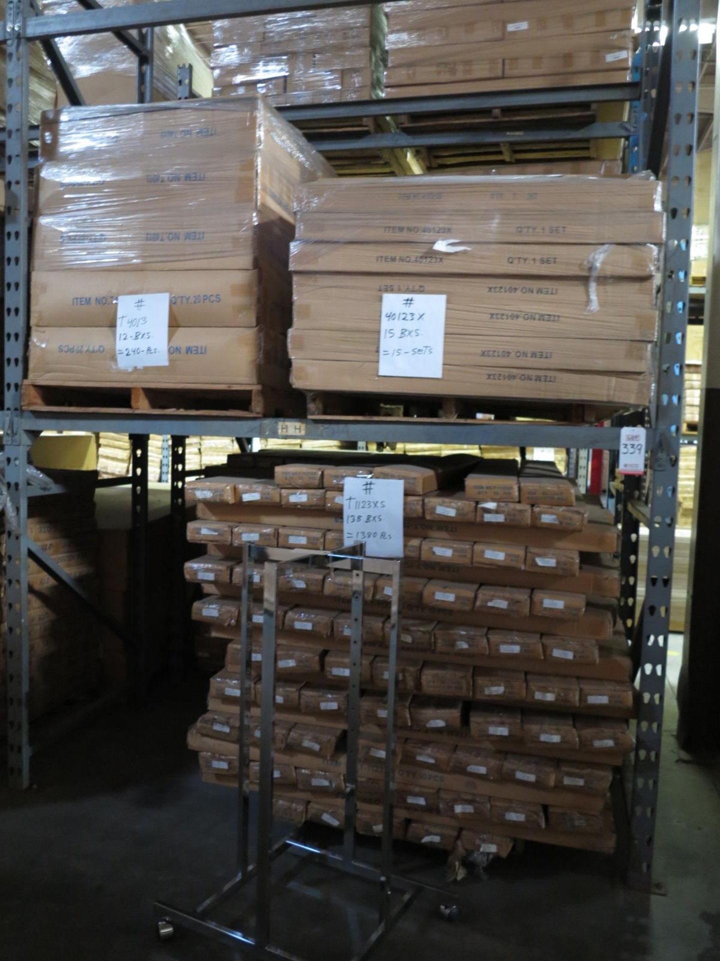 LOT - CONTENTS OF (2) SECTIONS OF PALLET RACK TO INCLUDE: ITEM # 40123, 4 WAY RACK W (4) 18" STR.