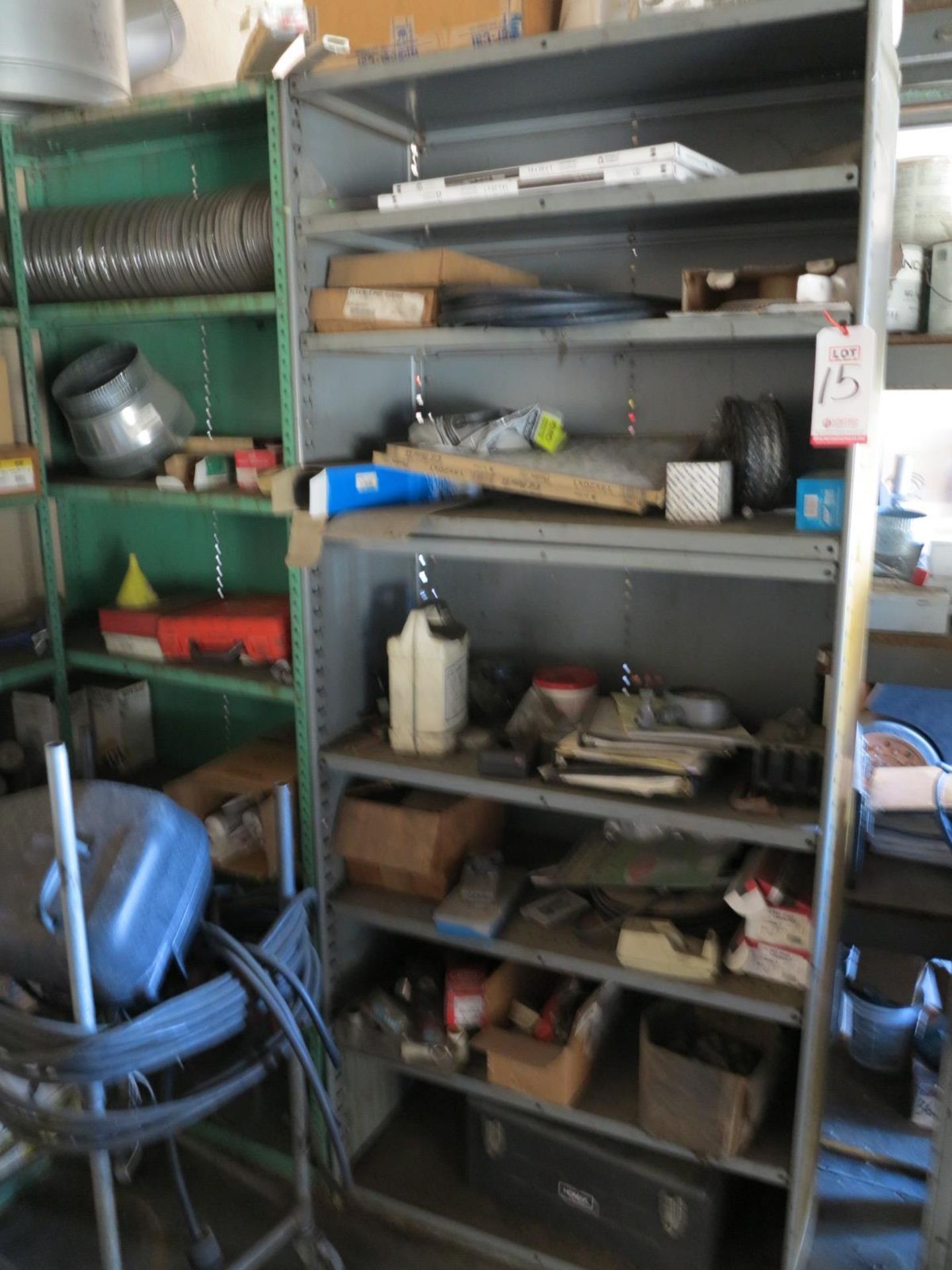 LOT - (3) SHELF UNITS W/ CONTENTS OF MAINTENANCE SUPPLIES, FUSES, ETC.