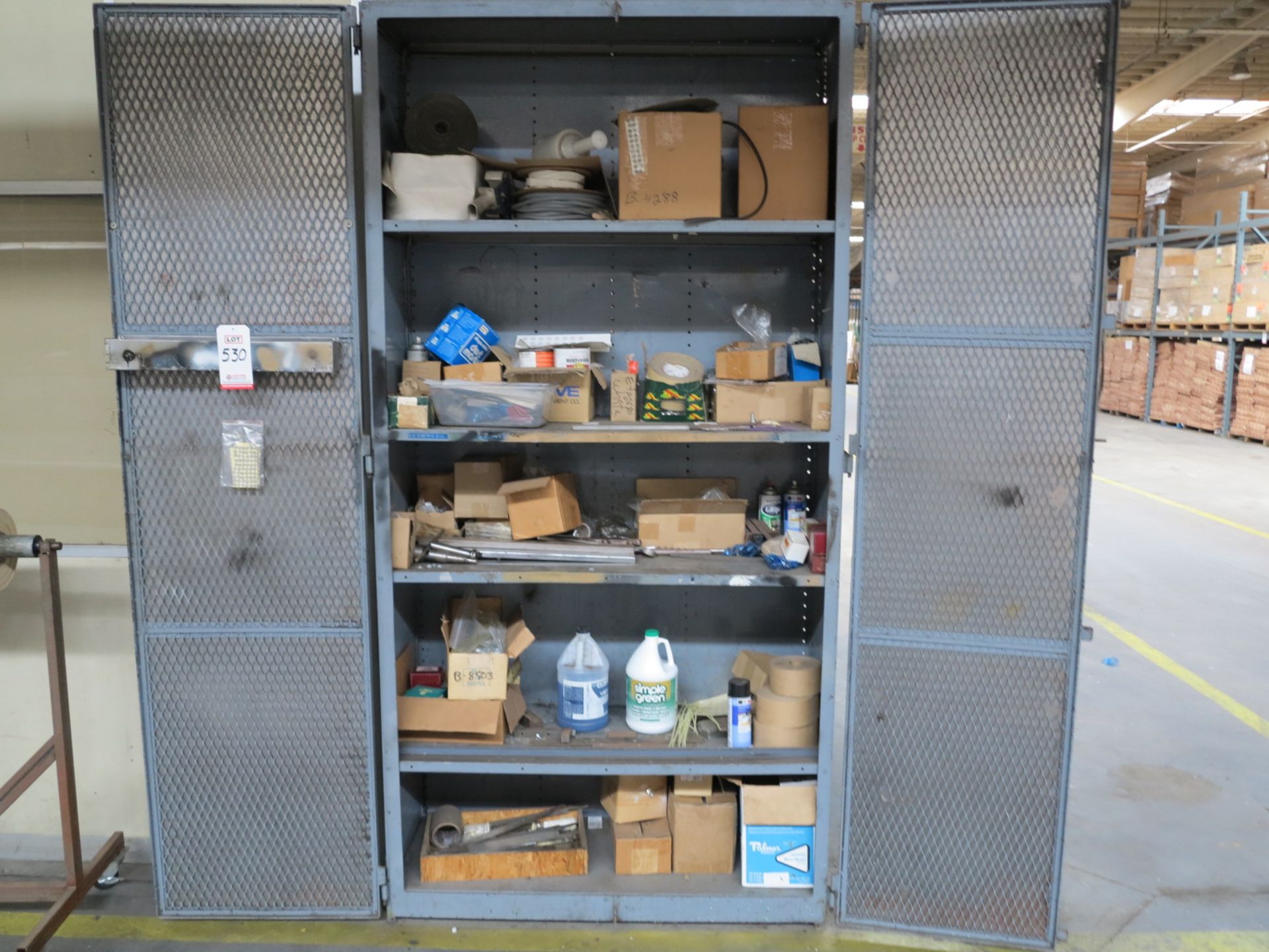 LOT - SECURITY STORAGE CABINET FULL OF MISC TOOLS AND SUPPLIES, LAMP OIL, CLEANER, MIRROR MASTIC,