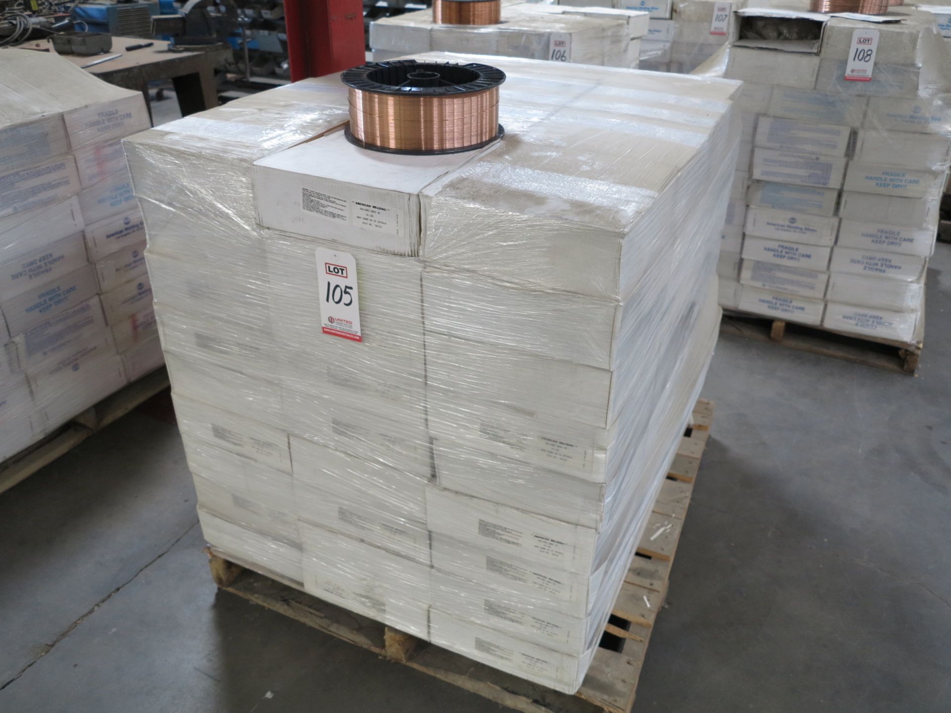 LOT - PALLET OF AMERICAN WELDING WIRE, S6, DIA. 1MM, 108 BOXES