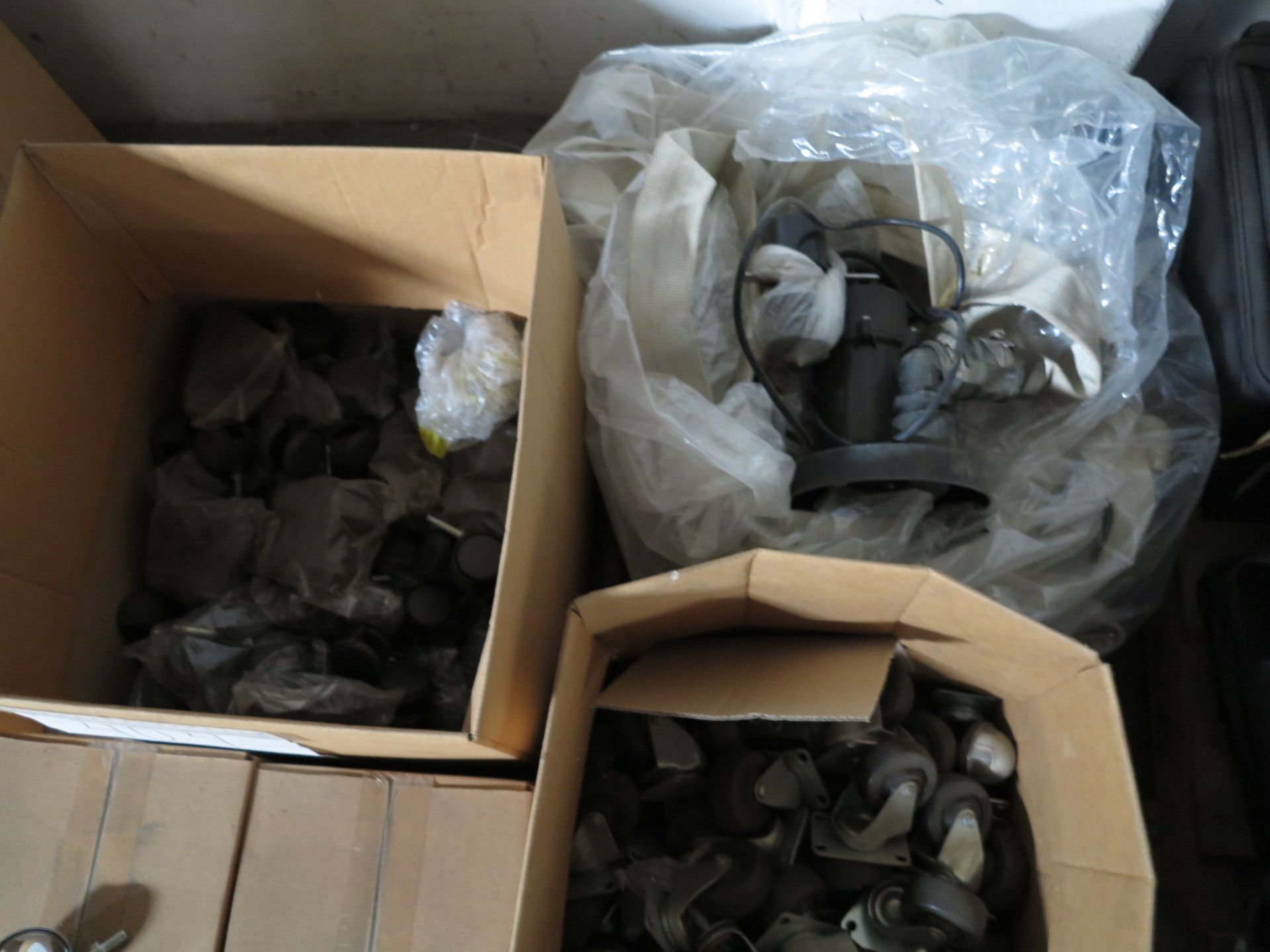 LOT - PALLET OF VARIOUS CASTERS, SUMP PUMP W/ CLOTH HOSE - Image 2 of 2