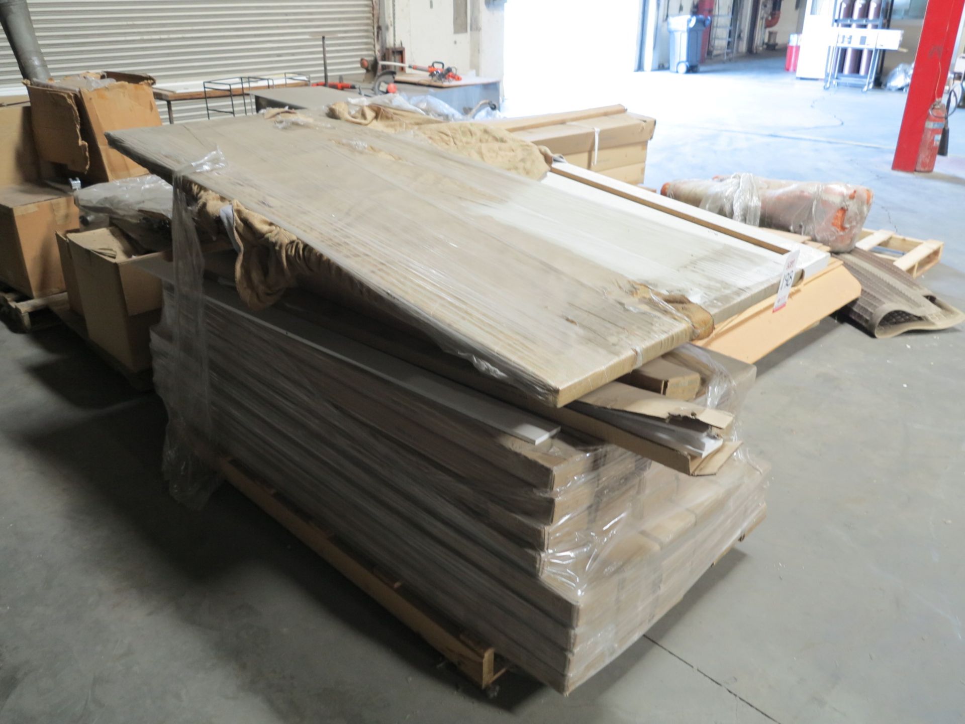 LOT - APPROX. (9) PALLETS OF MISC ITEMS: STORE FIXTURE PARTS AND PIECES, FOLDING TABLES, DOORS,