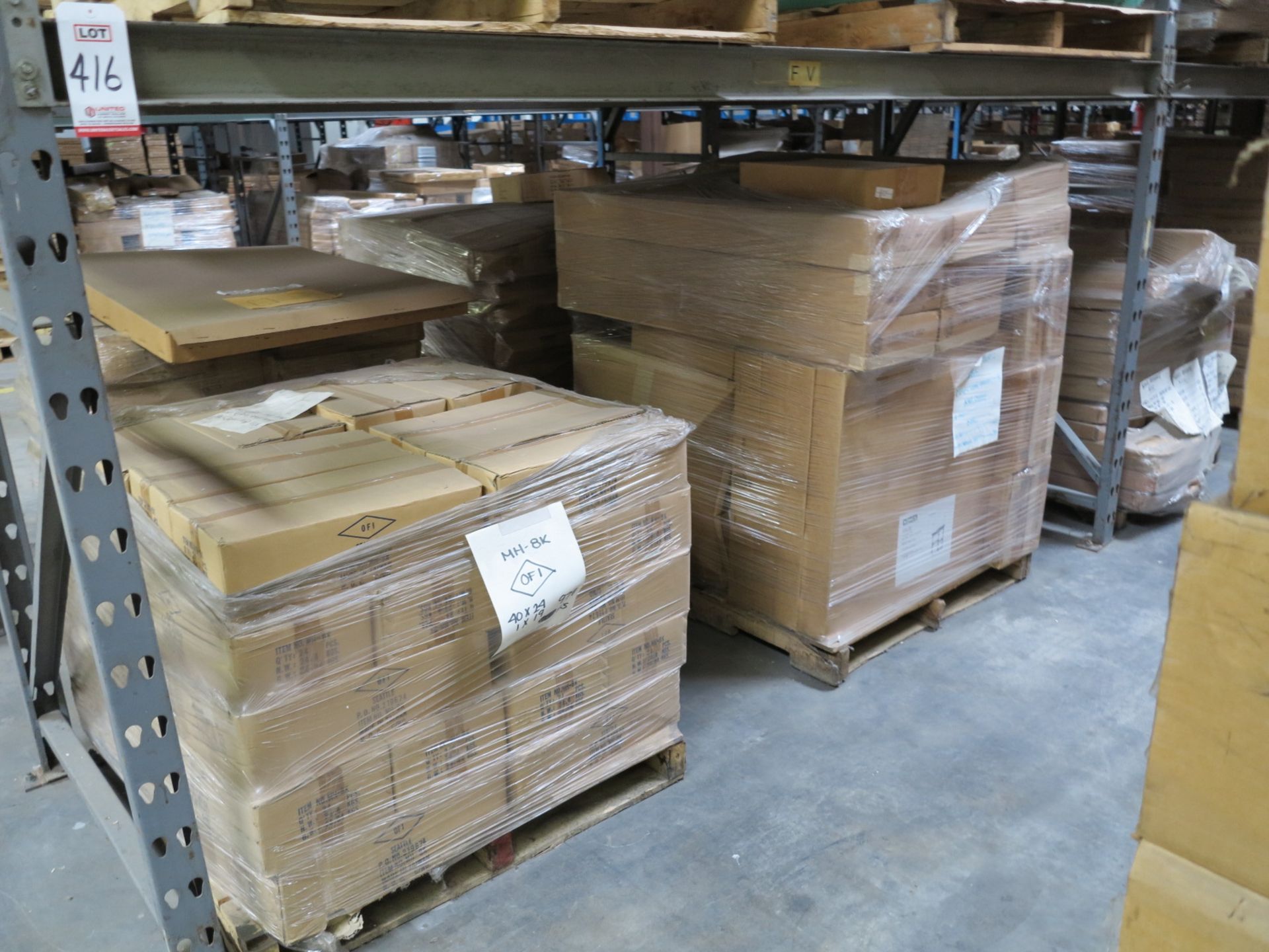 LOT - CONTENTS OF (2) SECTIONS OF PALLET RACK TO INCLUDE: FACEOUTS; HARDWARE; LITHONIA LIGHTING;